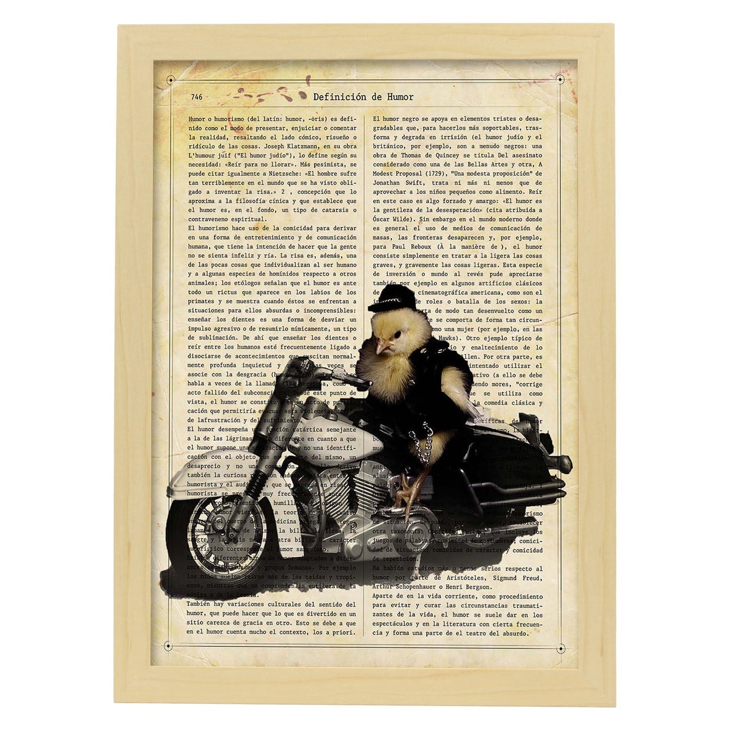Poster de Pollo en moto. Láminas de animales con definiciones. Ilustraciones de animales con textos.-Artwork-Nacnic-A3-Marco Madera clara-Nacnic Estudio SL