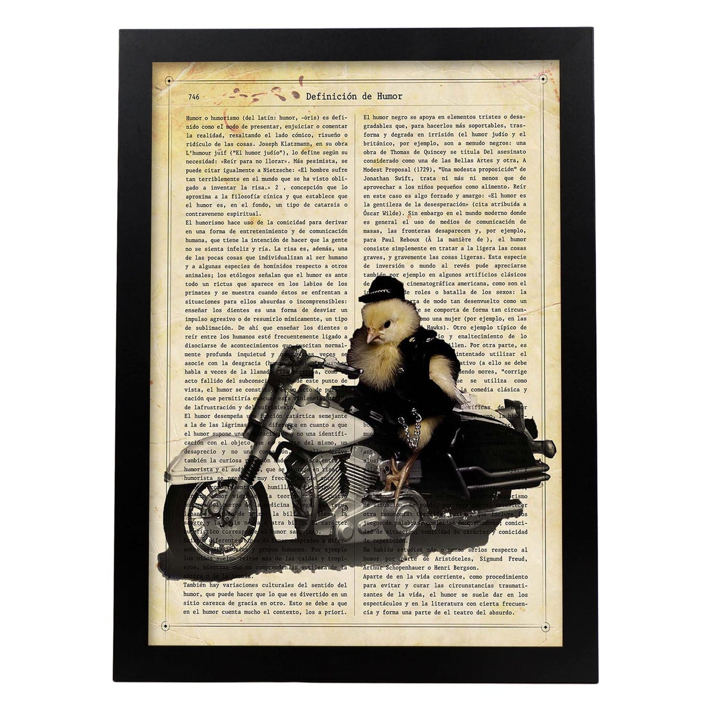 Poster de Pollo en moto. Láminas de animales con definiciones. Ilustraciones de animales con textos.-Artwork-Nacnic-A4-Marco Negro-Nacnic Estudio SL