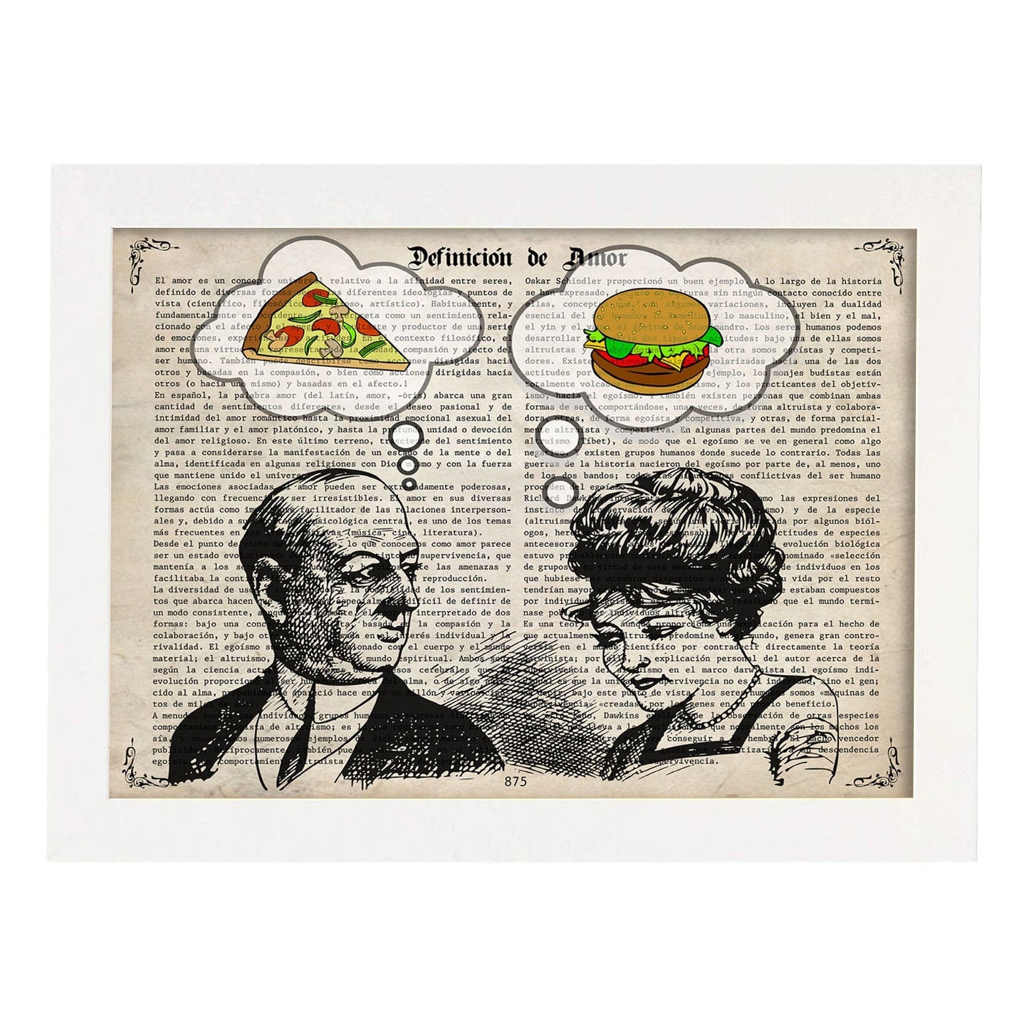 Poster de Pop Art. Lámina de Pareja pensando en la cena. Diseños coloridos con temática Pop Art.-Artwork-Nacnic-A3-Marco Blanco-Nacnic Estudio SL