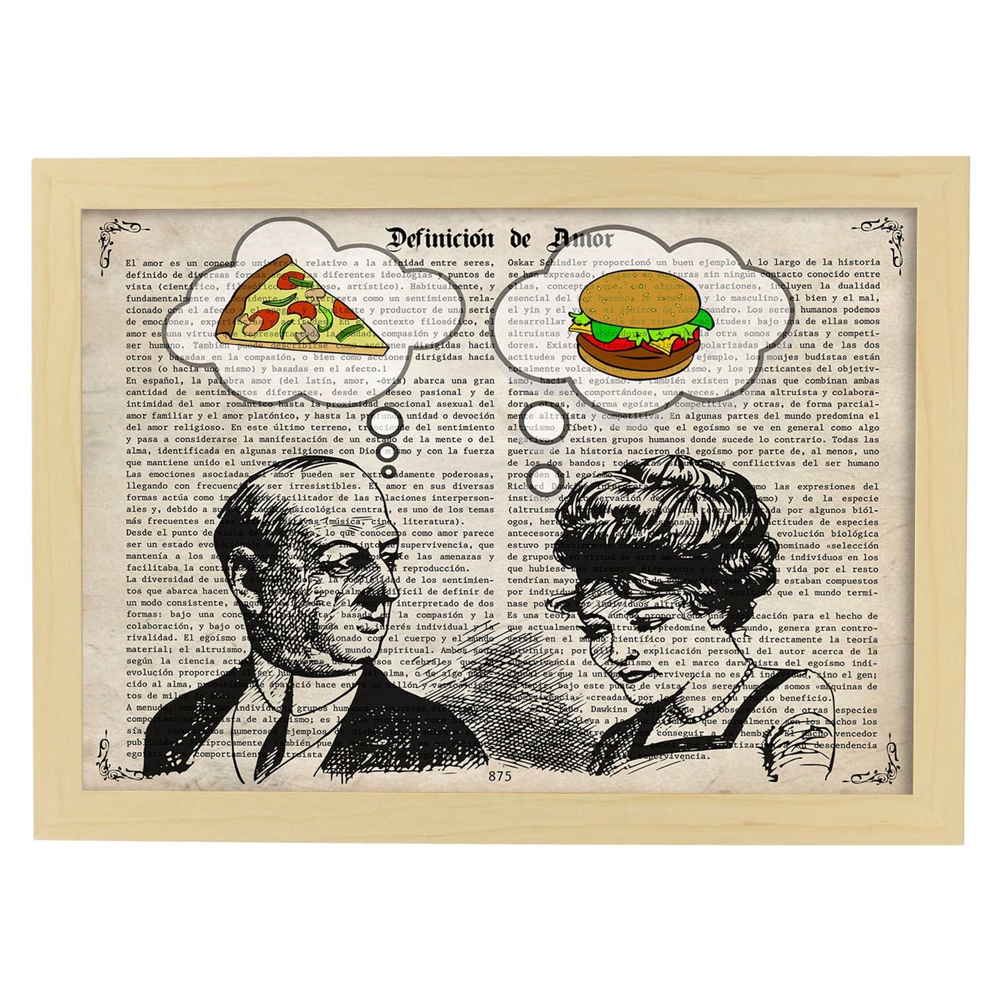 Poster de Pop Art. Lámina de Pareja pensando en la cena. Diseños coloridos con temática Pop Art.-Artwork-Nacnic-A3-Marco Madera clara-Nacnic Estudio SL