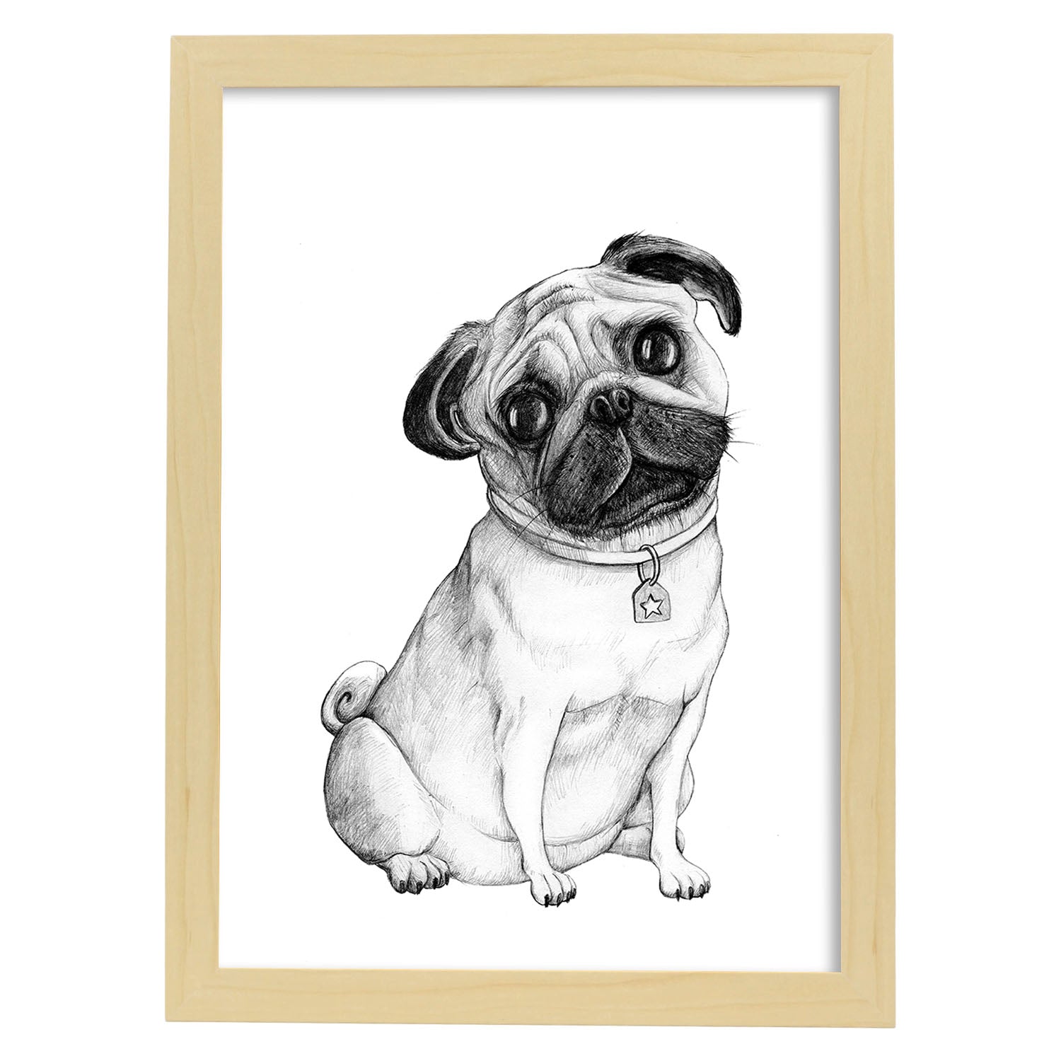 Poster de Pug blanco. Lámina decorativa de perros.-Artwork-Nacnic-A3-Marco Madera clara-Nacnic Estudio SL