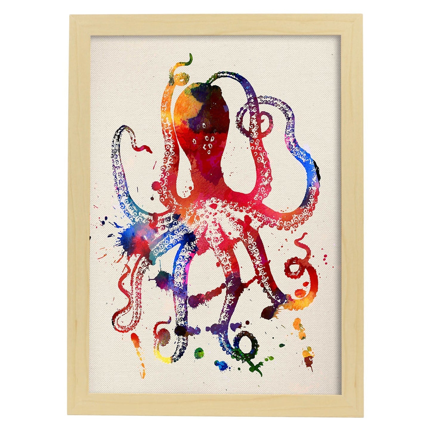 Poster de Pulpo con diseño acuarela. Mix de láminas con estilo acuarela-Artwork-Nacnic-A4-Marco Madera clara-Nacnic Estudio SL