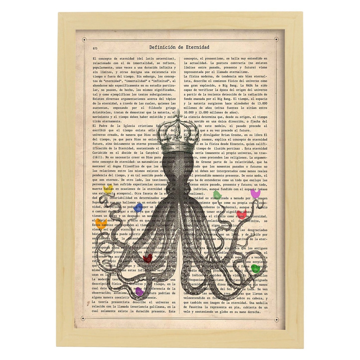 Poster de Pulpo con pajaros de colores. Láminas de animales con definiciones. Ilustraciones de animales con textos.-Artwork-Nacnic-A4-Marco Madera clara-Nacnic Estudio SL