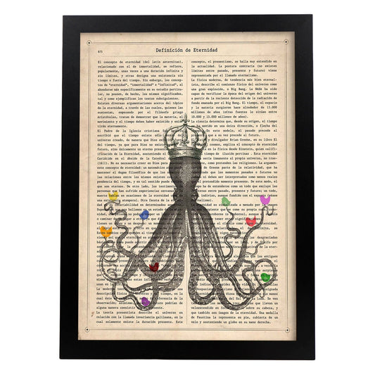 Poster de Pulpo con pajaros de colores. Láminas de animales con definiciones. Ilustraciones de animales con textos.-Artwork-Nacnic-A4-Marco Negro-Nacnic Estudio SL