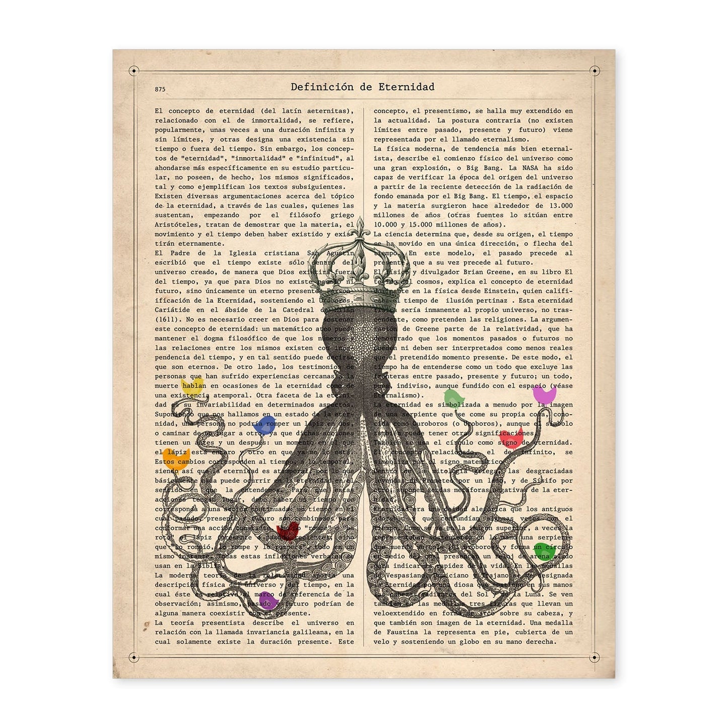 Poster de Pulpo con pajaros de colores. Láminas de animales con definiciones. Ilustraciones de animales con textos.-Artwork-Nacnic-A4-Sin marco-Nacnic Estudio SL