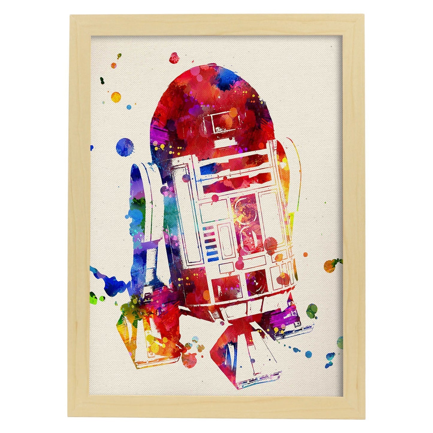 Poster de R2D2 estilo acuarela. Láminas de cine, películas, y actores. Posters de películas antiguas con estilo acuarela.-Artwork-Nacnic-A3-Marco Madera clara-Nacnic Estudio SL