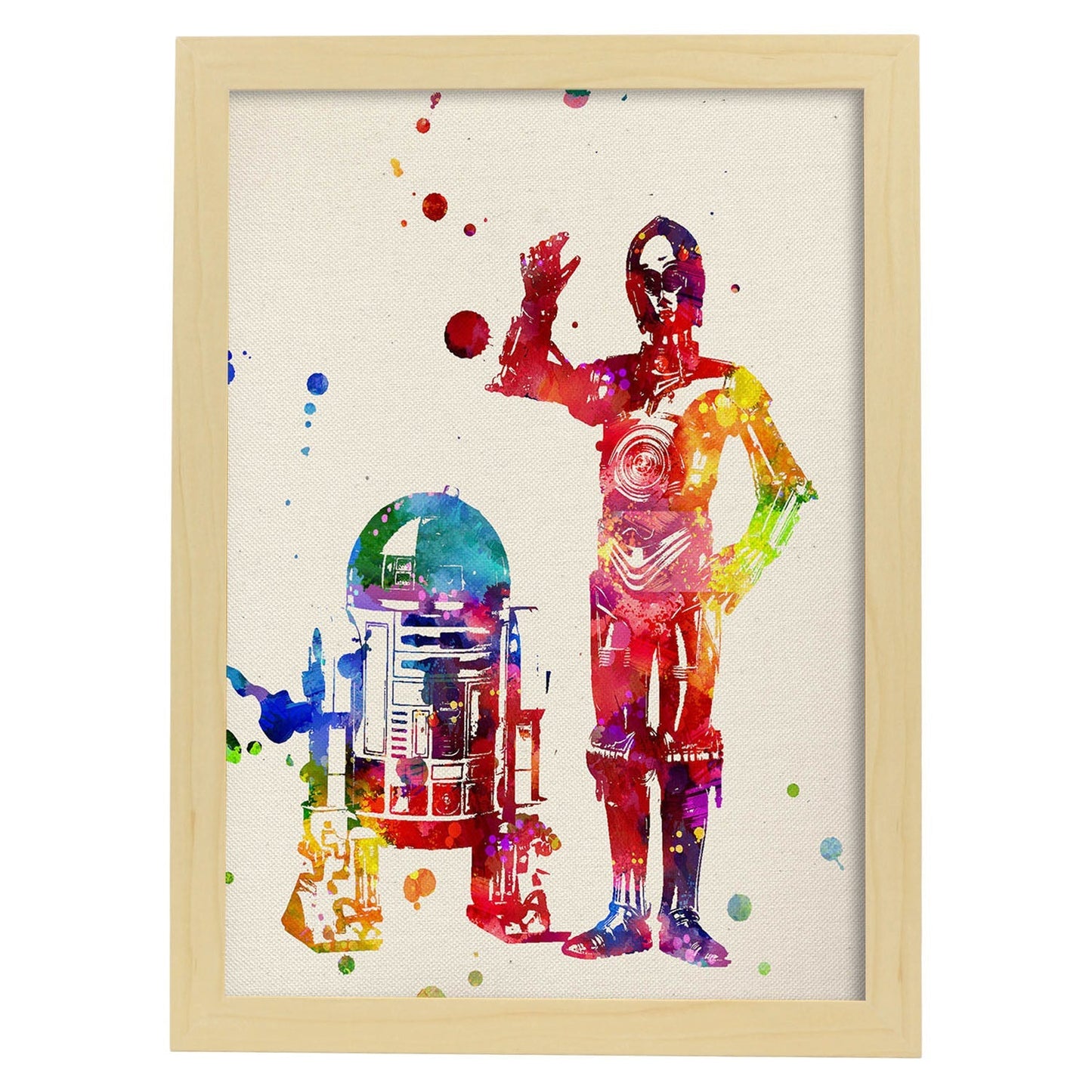 Poster de R2D2 Y C3PO estilo acuarela. Láminas de cine, películas, y actores. Posters de películas antiguas con estilo acuarela.-Artwork-Nacnic-A3-Marco Madera clara-Nacnic Estudio SL