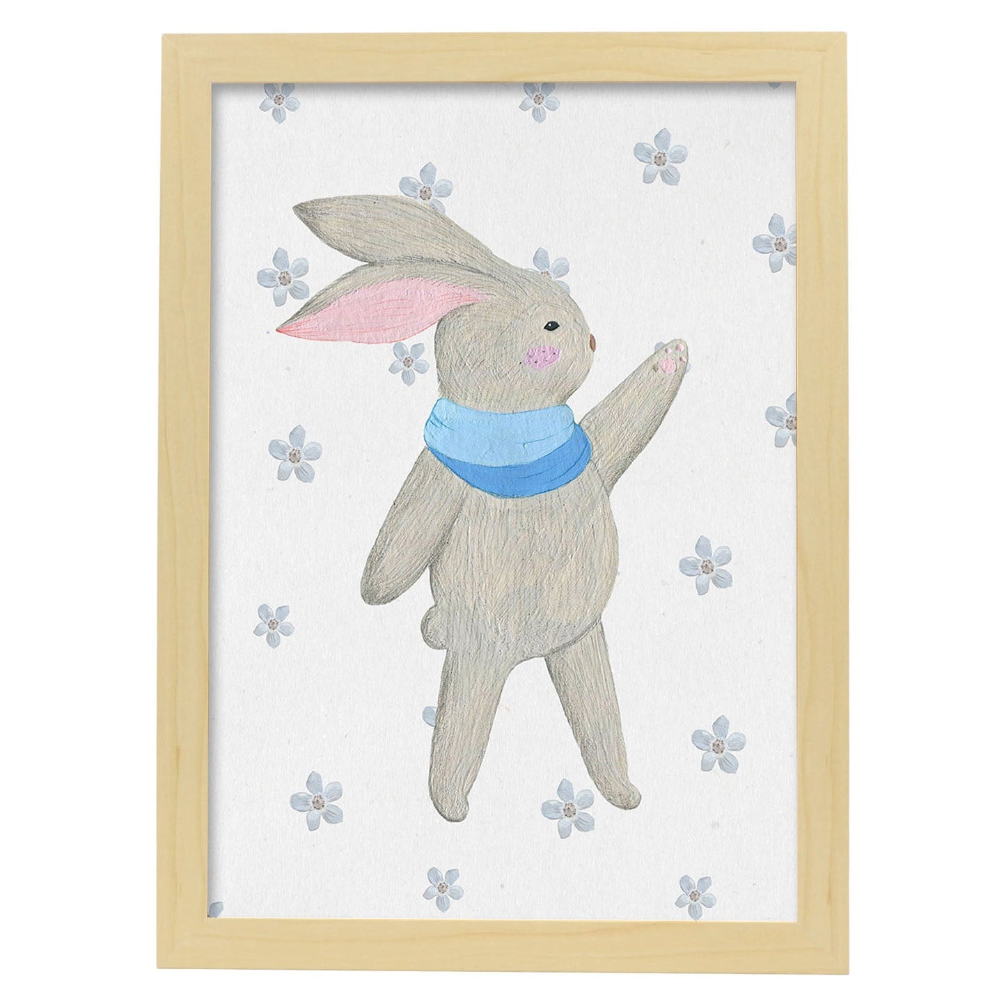 Poster de ramas con estilo de óleo. Lámina Conejito dice hola al invierno, con dibujos pintados de ramas, hojas, y flores.-Artwork-Nacnic-A4-Marco Madera clara-Nacnic Estudio SL