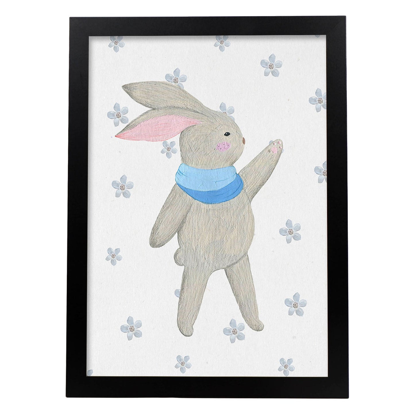 Poster de ramas con estilo de óleo. Lámina Conejito dice hola al invierno, con dibujos pintados de ramas, hojas, y flores.-Artwork-Nacnic-A4-Marco Negro-Nacnic Estudio SL