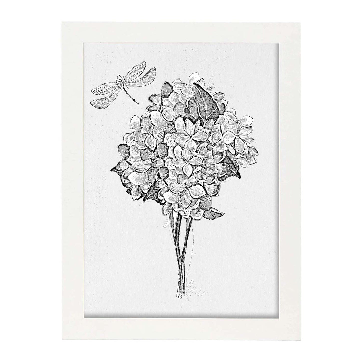 Poster de ramas con estilo de óleo. Lámina Ramo y libélula, con dibujos pintados de ramas, hojas, y flores.-Artwork-Nacnic-A4-Marco Blanco-Nacnic Estudio SL