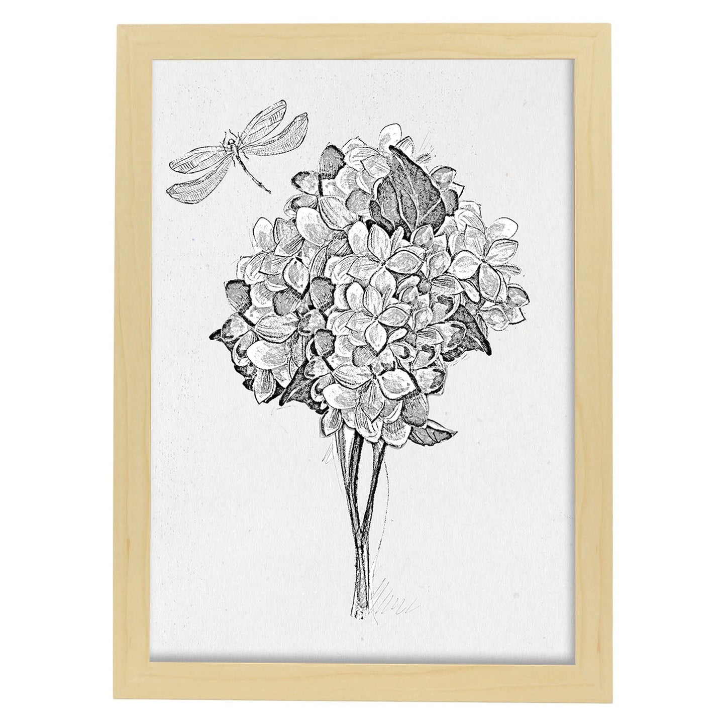 Poster de ramas con estilo de óleo. Lámina Ramo y libélula, con dibujos pintados de ramas, hojas, y flores.-Artwork-Nacnic-A4-Marco Madera clara-Nacnic Estudio SL