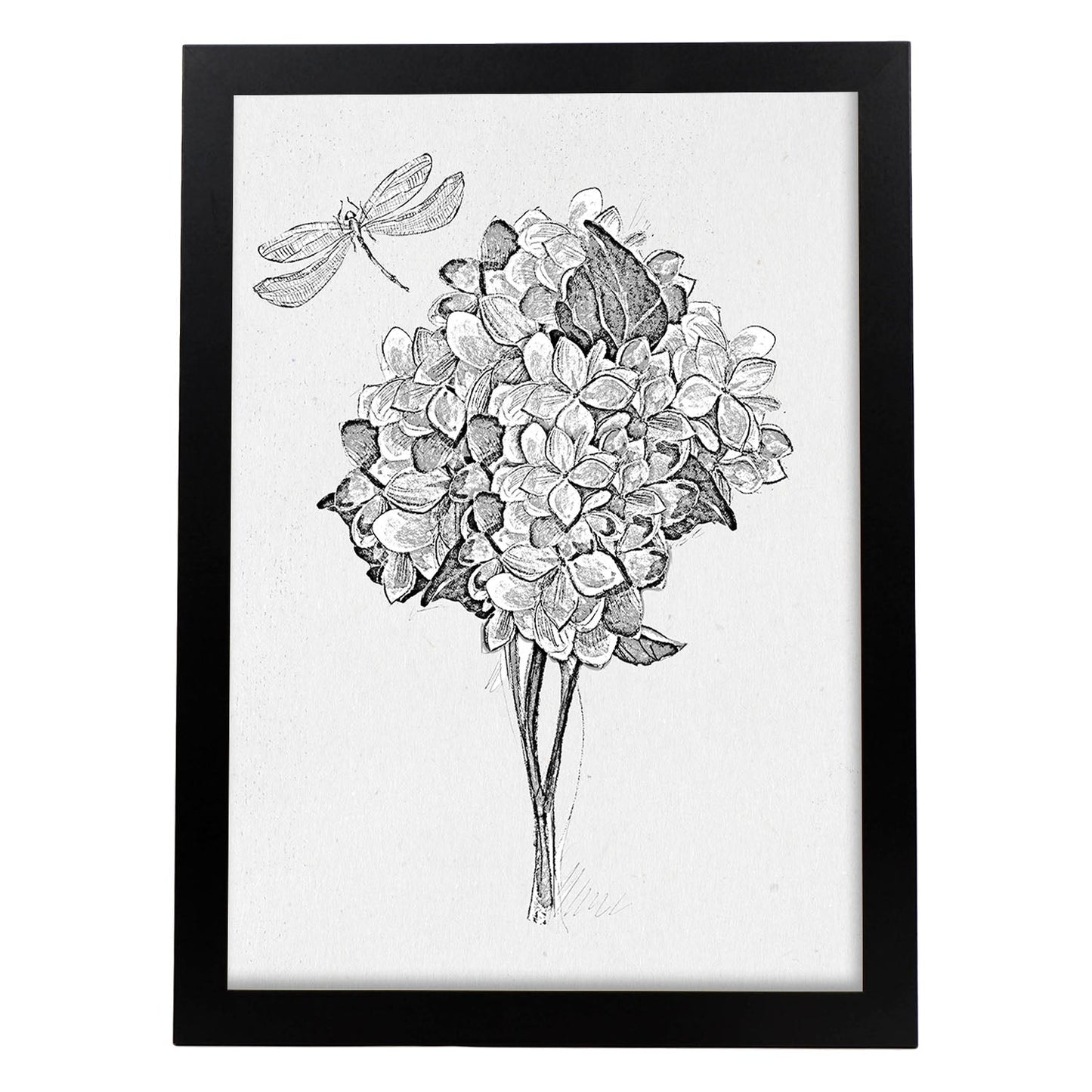 Poster de ramas con estilo de óleo. Lámina Ramo y libélula, con dibujos pintados de ramas, hojas, y flores.-Artwork-Nacnic-A4-Marco Negro-Nacnic Estudio SL