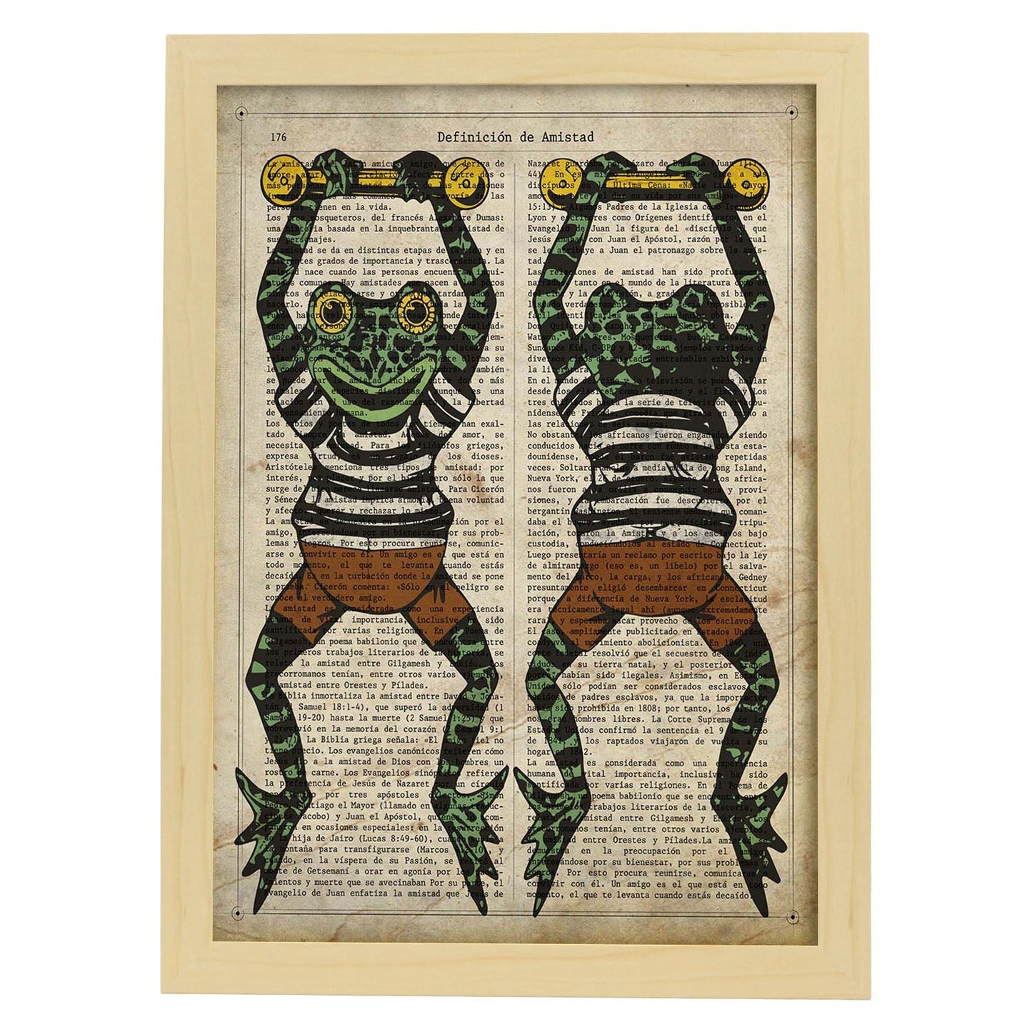 Poster de Ranas camiseta de rayas. Láminas de animales con definiciones. Ilustraciones de animales con textos.-Artwork-Nacnic-A3-Marco Madera clara-Nacnic Estudio SL