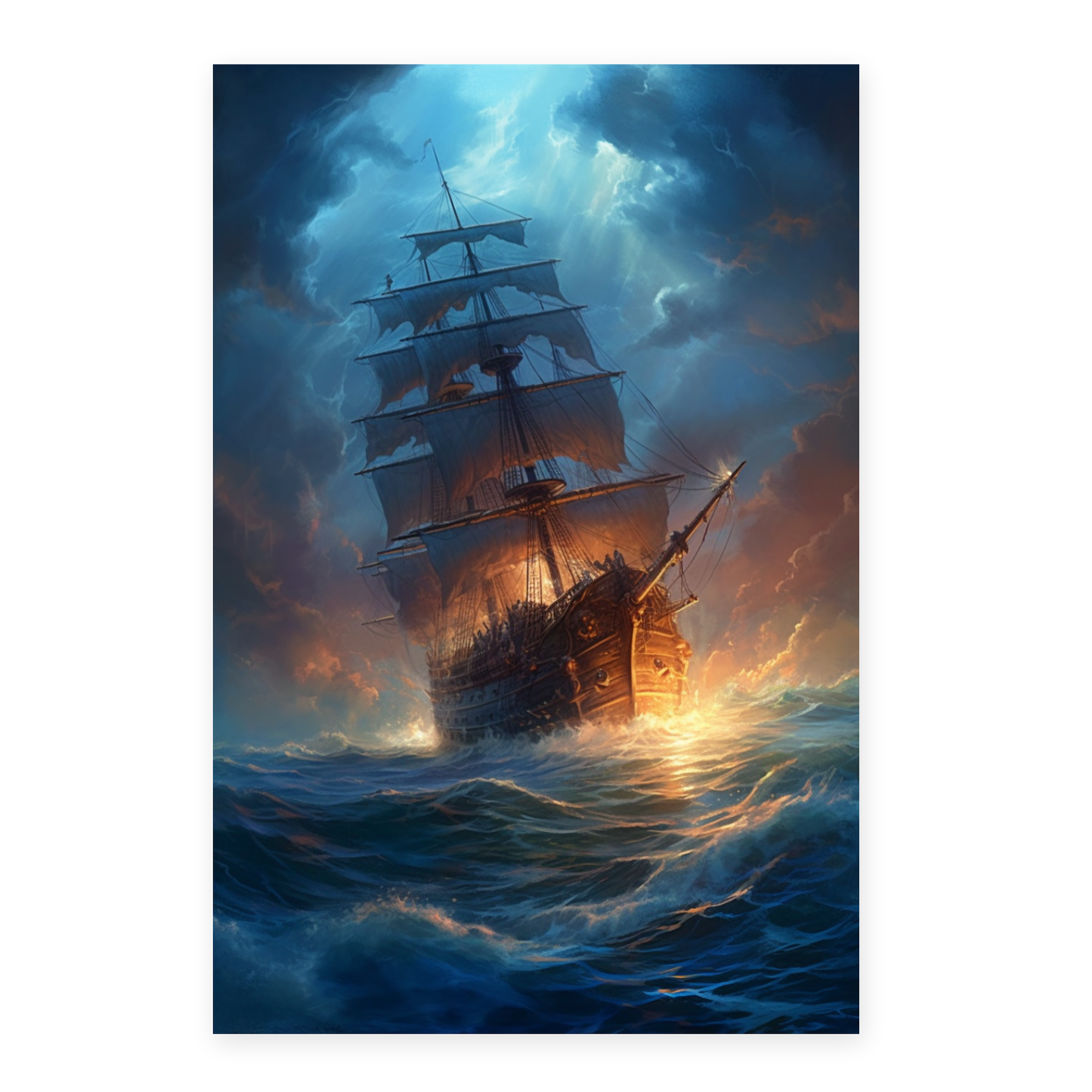 Póster de Galeón Fantasma con Rayos Azules Intensos