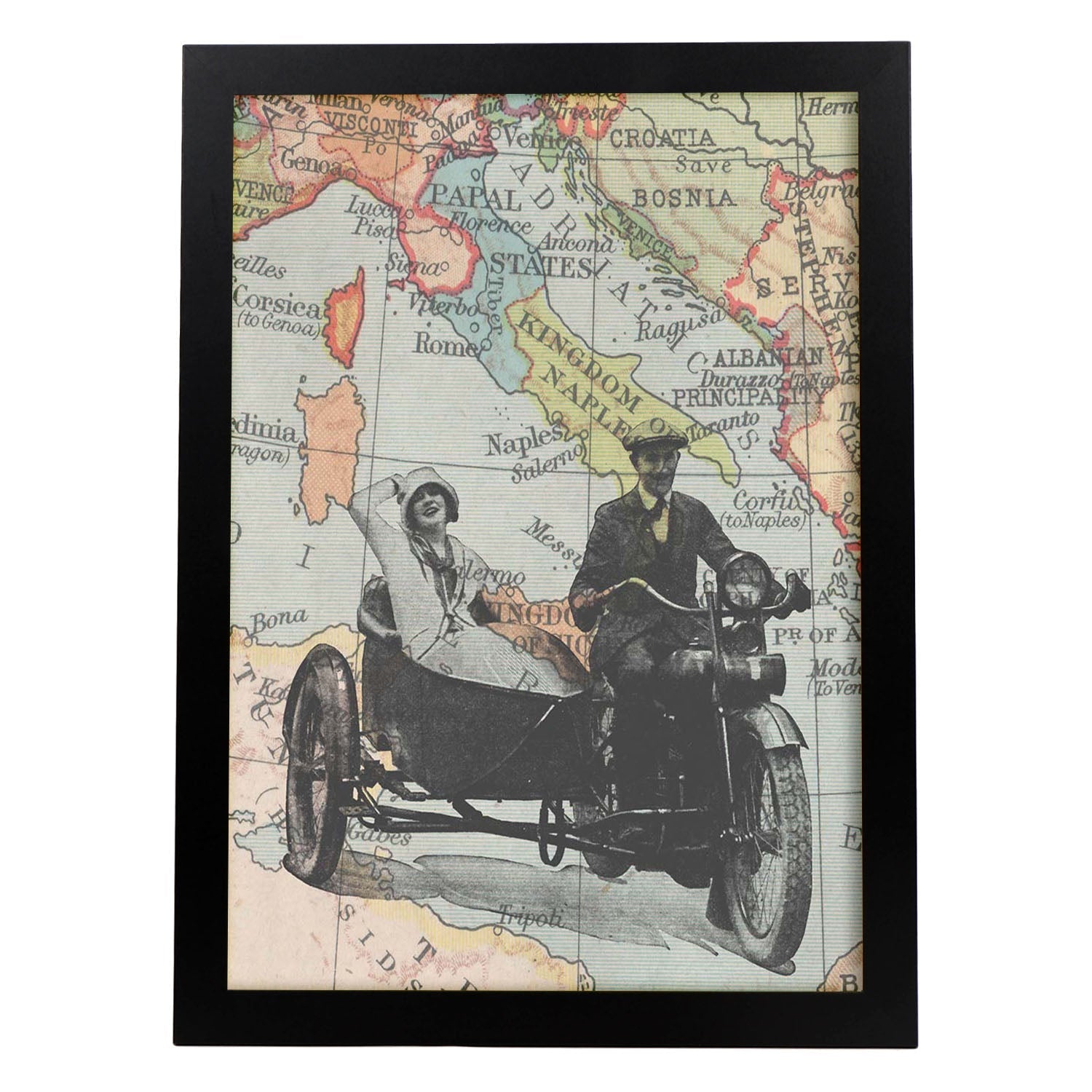 Poster de Sidecar en Italia. Láminas de mapas del mundo. Decoración con mapas e imágenes vintage.-Artwork-Nacnic-A4-Marco Negro-Nacnic Estudio SL