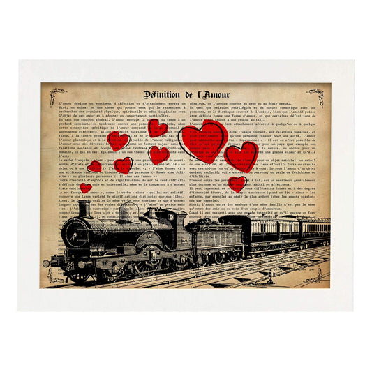 Poster de Tren con corazones. Láminas de vehículos con definiciones. Ilustraciones vintage de coches, motos, aviones, 
-Artwork-Nacnic-A4-Marco Blanco-Nacnic Estudio SL