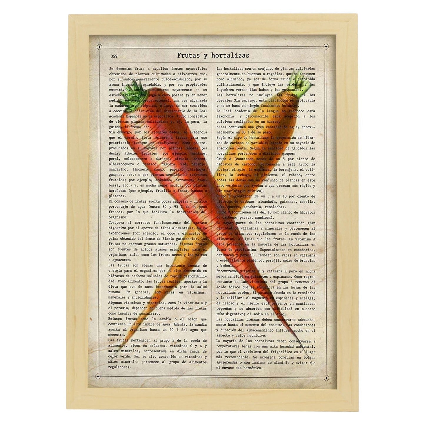 Poster de Zanahorias. Láminas de frutas y verduras con definiciones. Ilustraciones de alimentacion vegetariana.-Artwork-Nacnic-A4-Marco Madera clara-Nacnic Estudio SL
