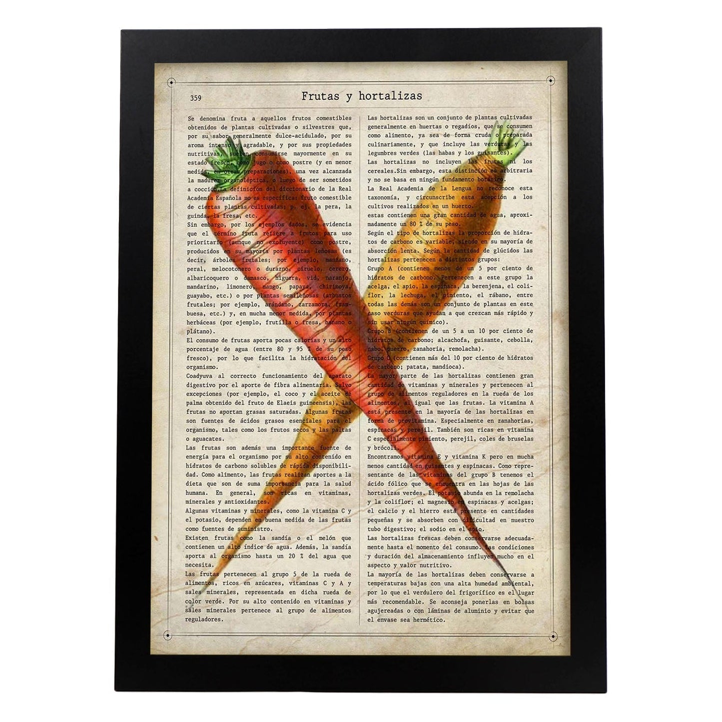 Poster de Zanahorias. Láminas de frutas y verduras con definiciones. Ilustraciones de alimentacion vegetariana.-Artwork-Nacnic-A4-Marco Negro-Nacnic Estudio SL