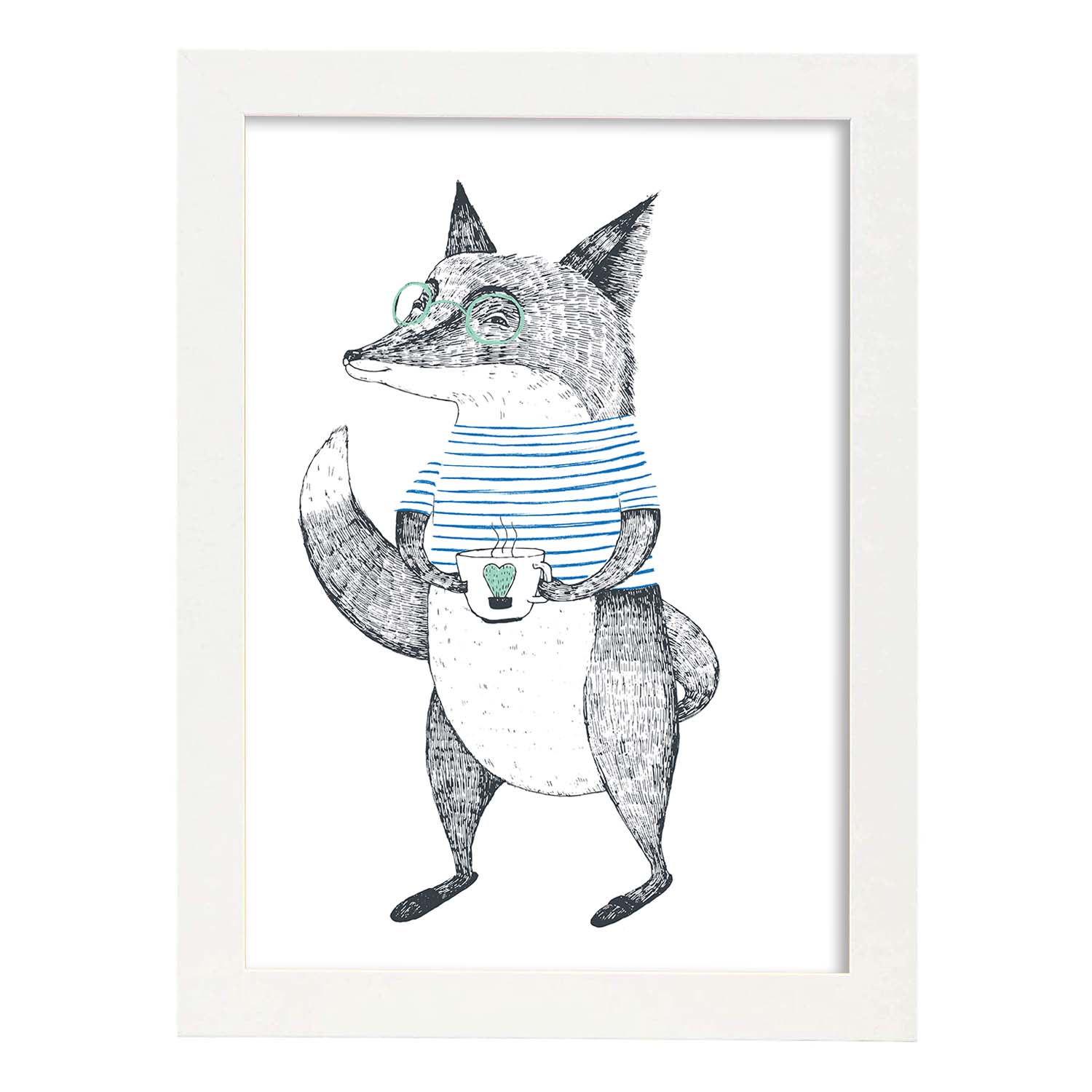 Poster de Zorro con taza de te. Lámina de animales coloridos.-Artwork-Nacnic-A4-Marco Blanco-Nacnic Estudio SL