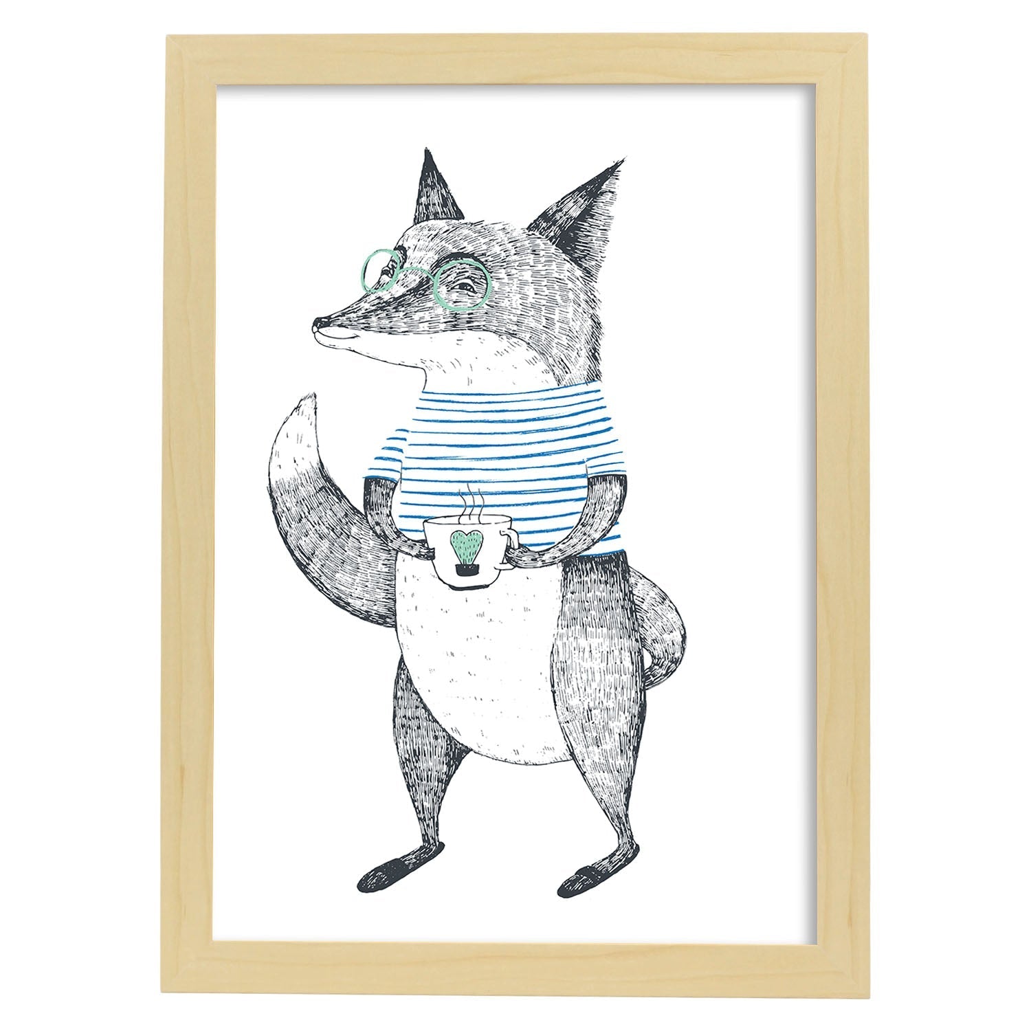 Poster de Zorro con taza de te. Lámina de animales coloridos.-Artwork-Nacnic-A4-Marco Madera clara-Nacnic Estudio SL