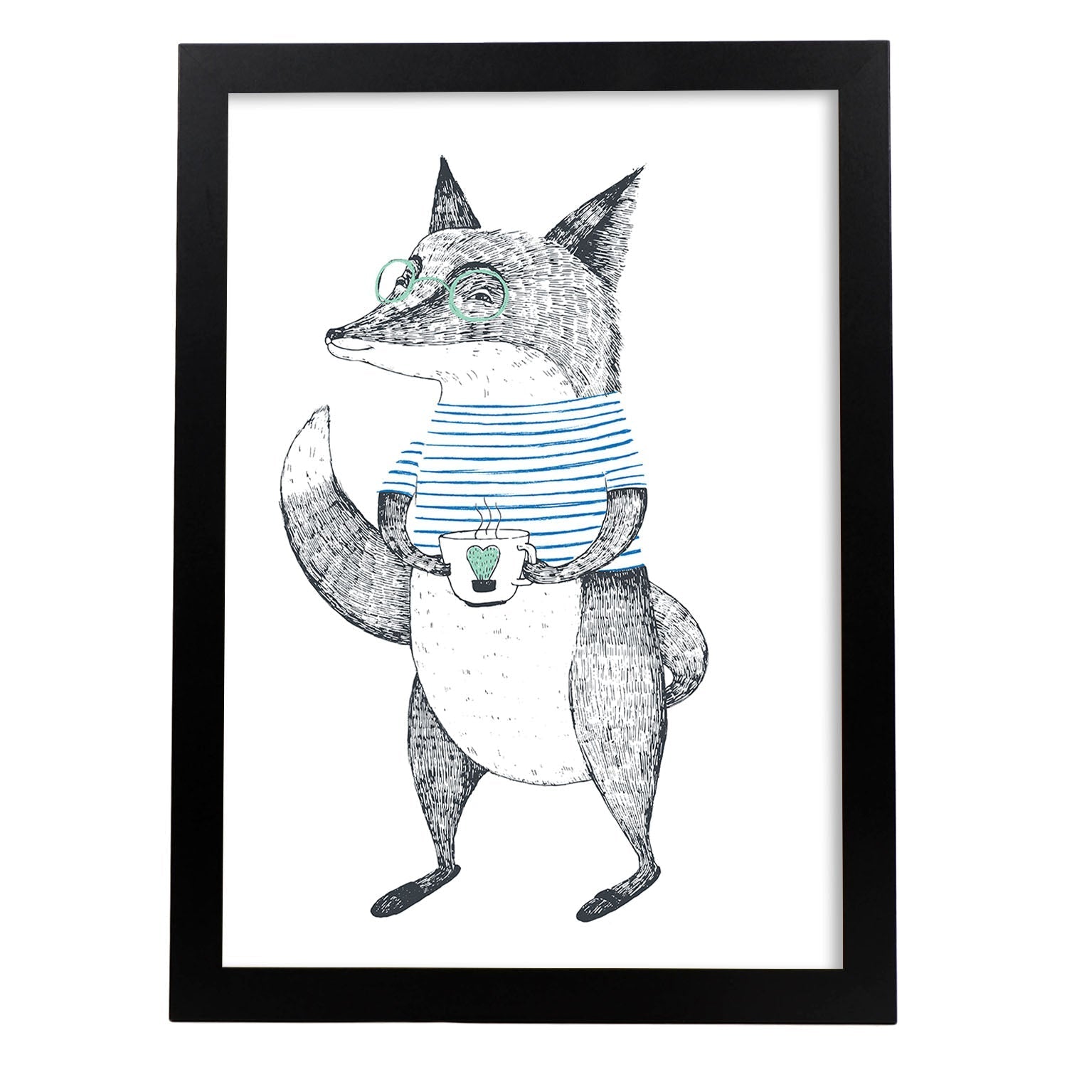 Poster de Zorro con taza de te. Lámina de animales coloridos.-Artwork-Nacnic-A4-Marco Negro-Nacnic Estudio SL