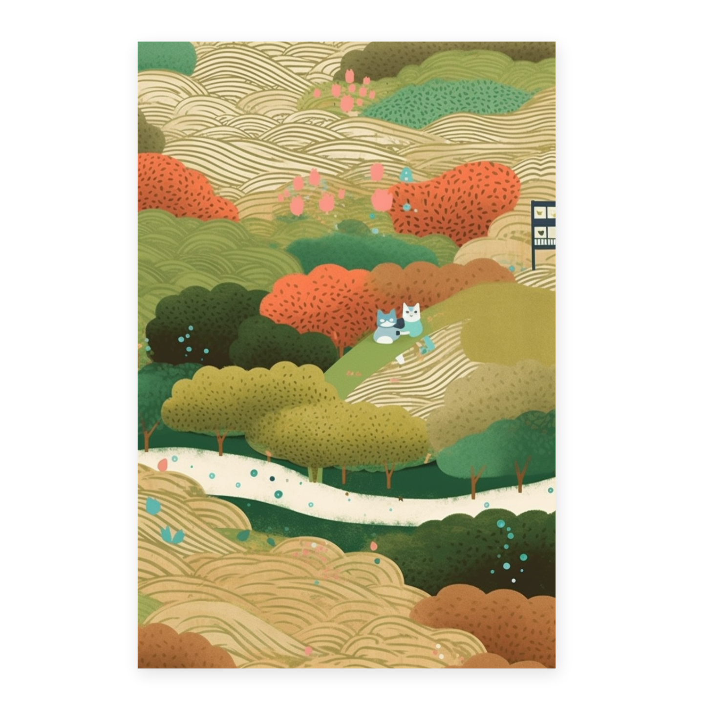 Póster de Gato Encantador Estilo Jardín Ryo Takemasa y Wu