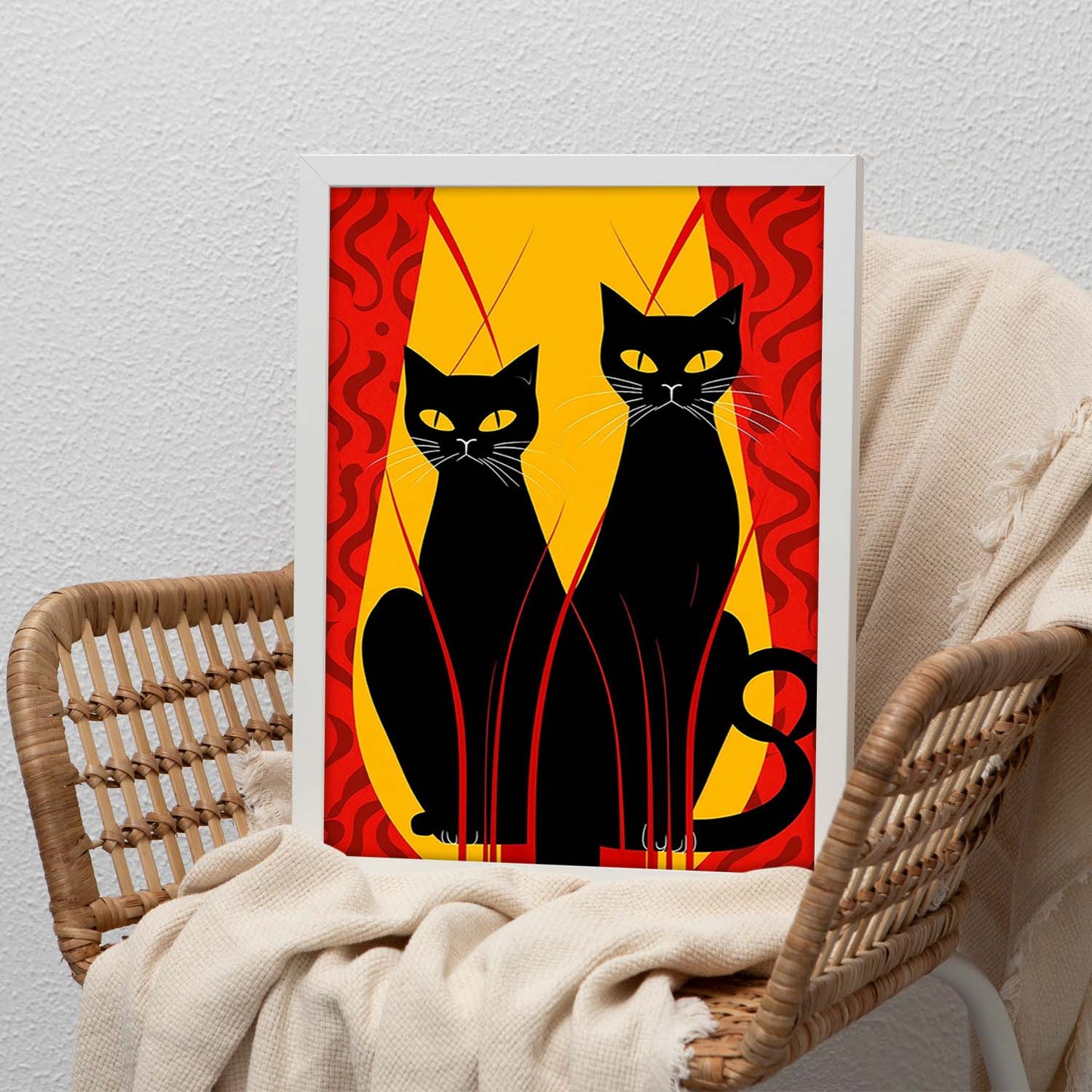 Póster de Gatos Negros en Fondo Rojo