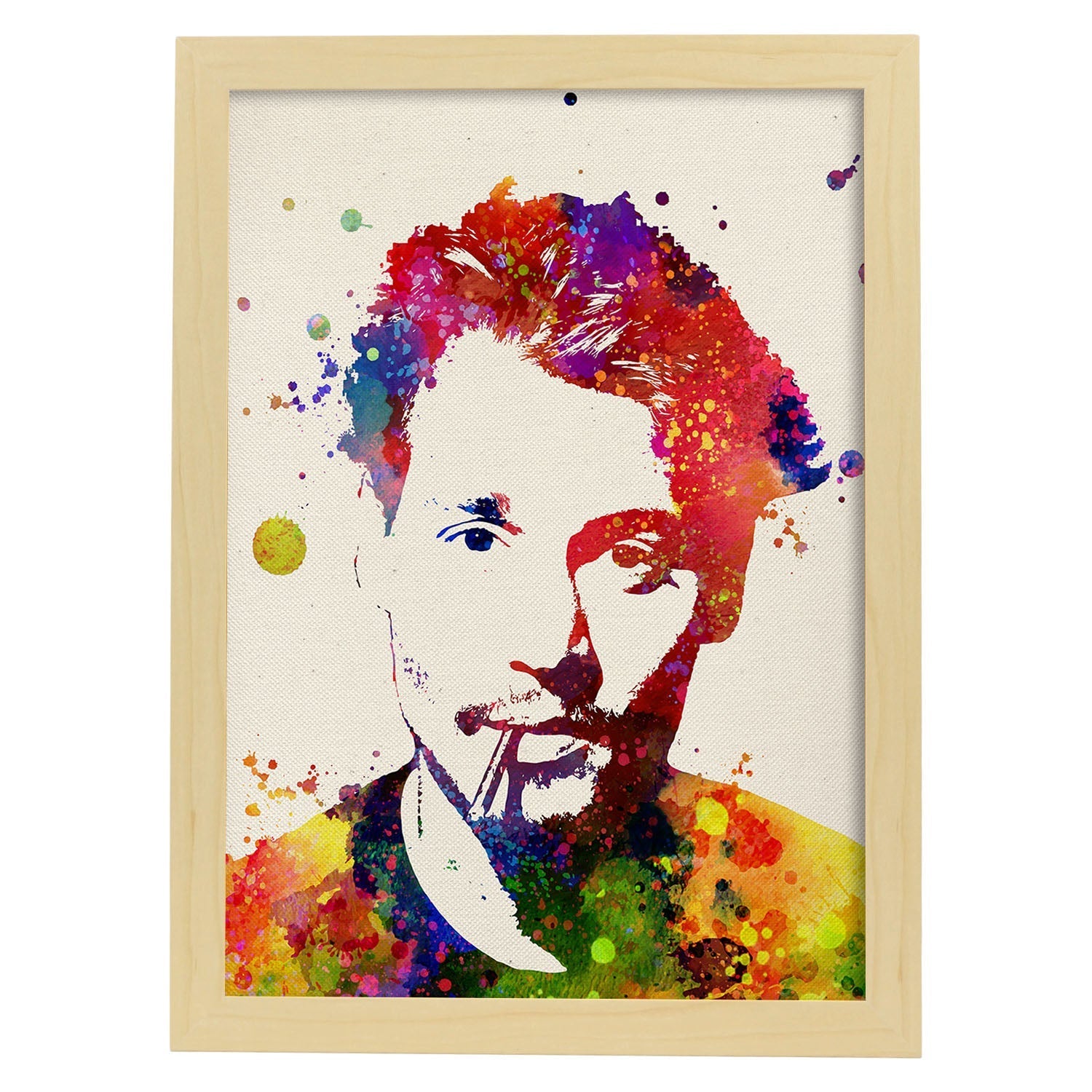 Poster imagen de Johnny depp. Posters con diseño acuarela de famosos, actores, músicos-Artwork-Nacnic-A3-Marco Madera clara-Nacnic Estudio SL