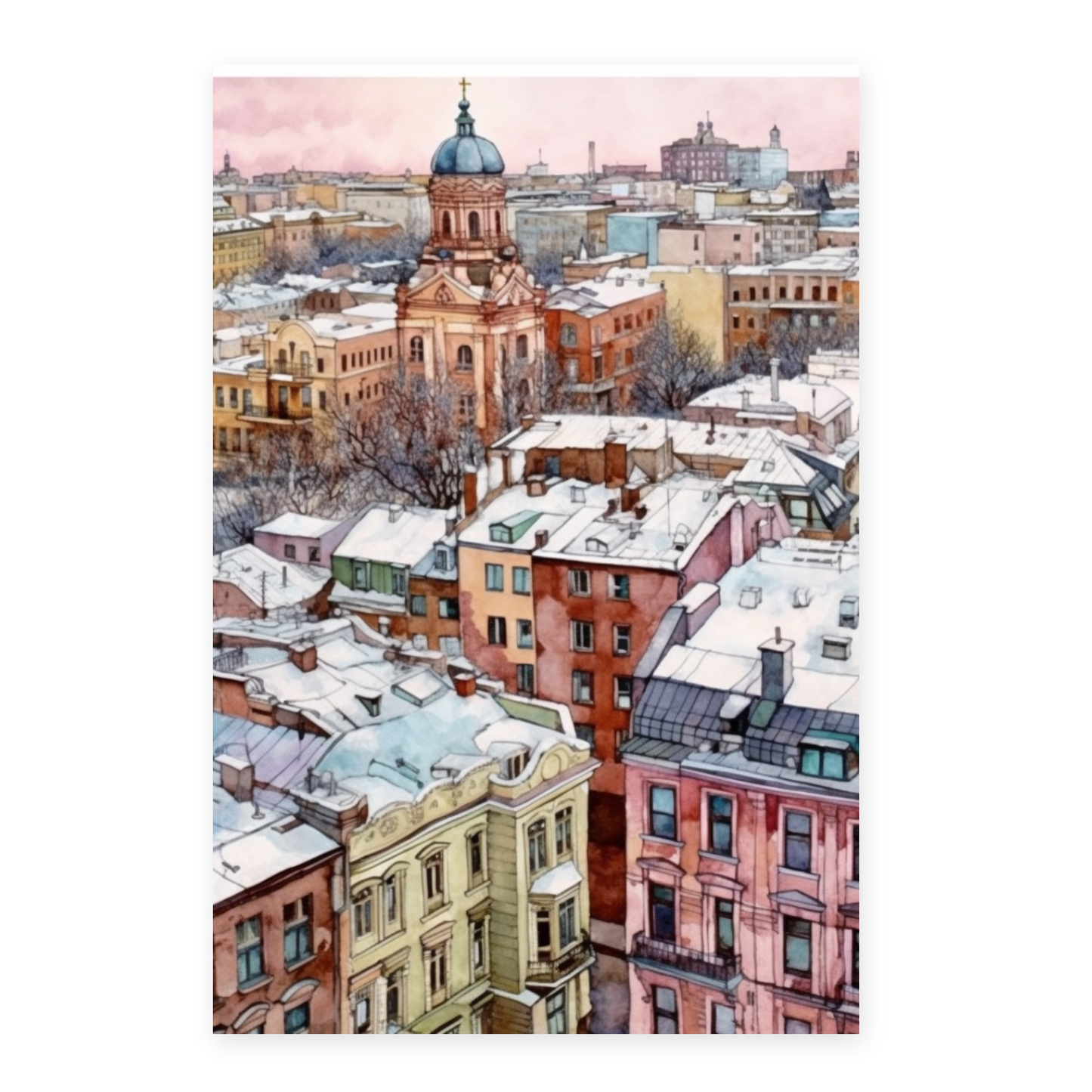 Póster de Invierno Nevado en Ciudad Rusa Pastel