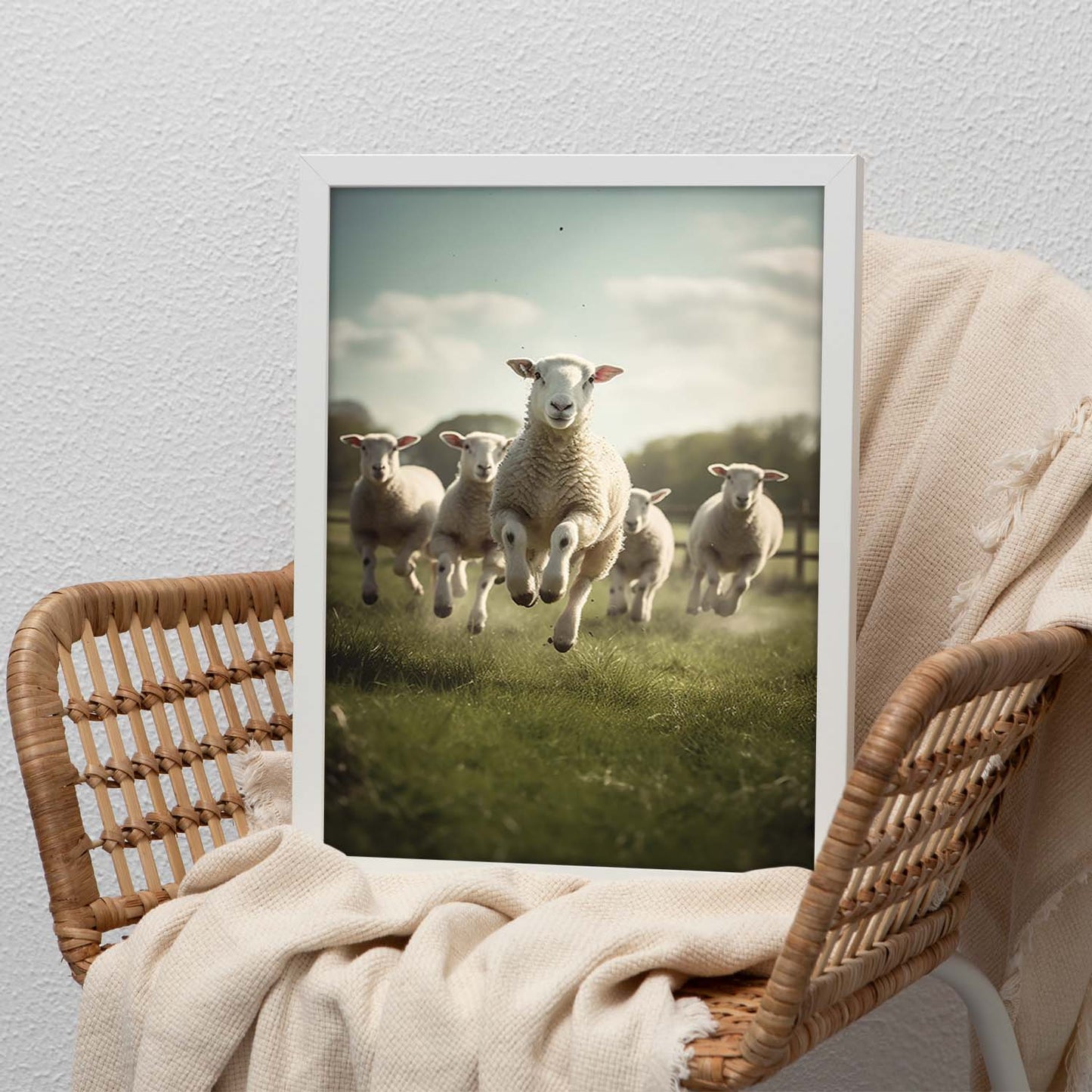 Póster de Ovejas en el Campo con Corderos Saltando