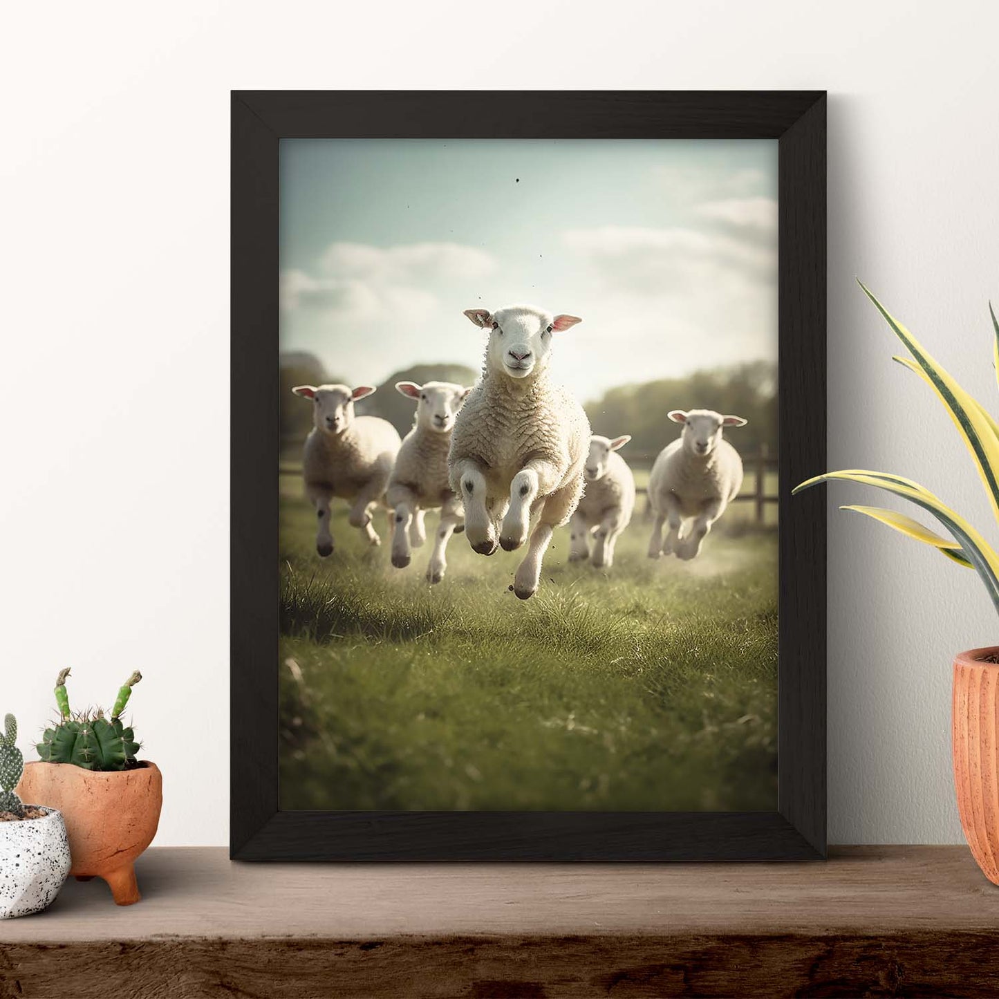 Póster de Ovejas en el Campo con Corderos Saltando