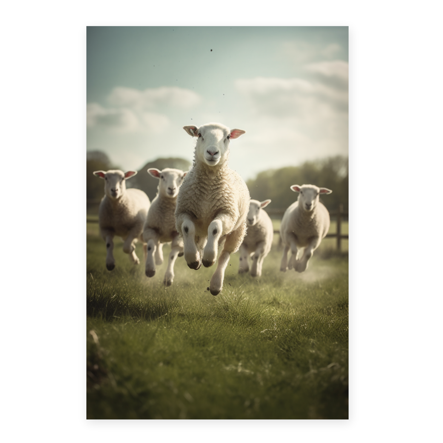 Póster de Ovejas en el Campo con Corderos Saltando