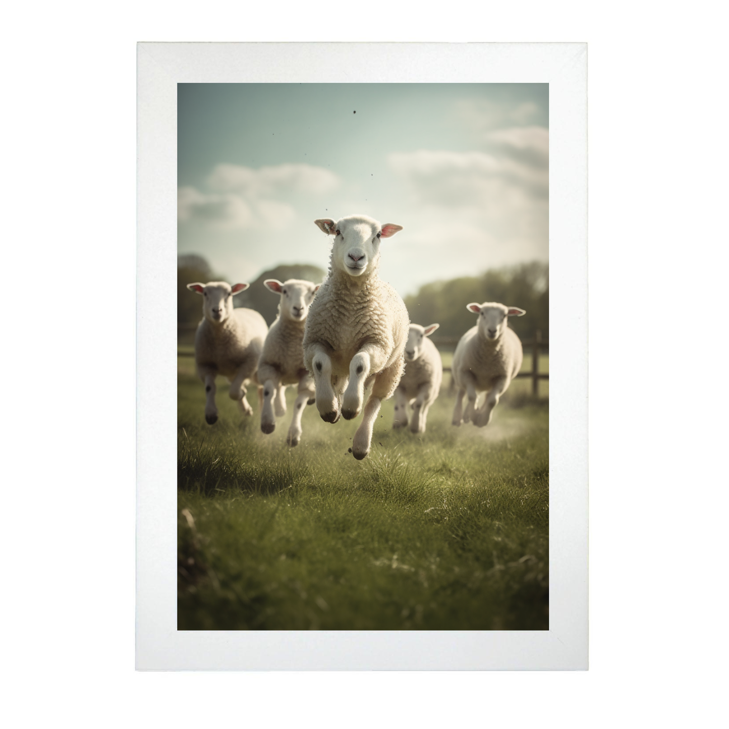Póster de Ovejas en el Campo con Corderos Saltando