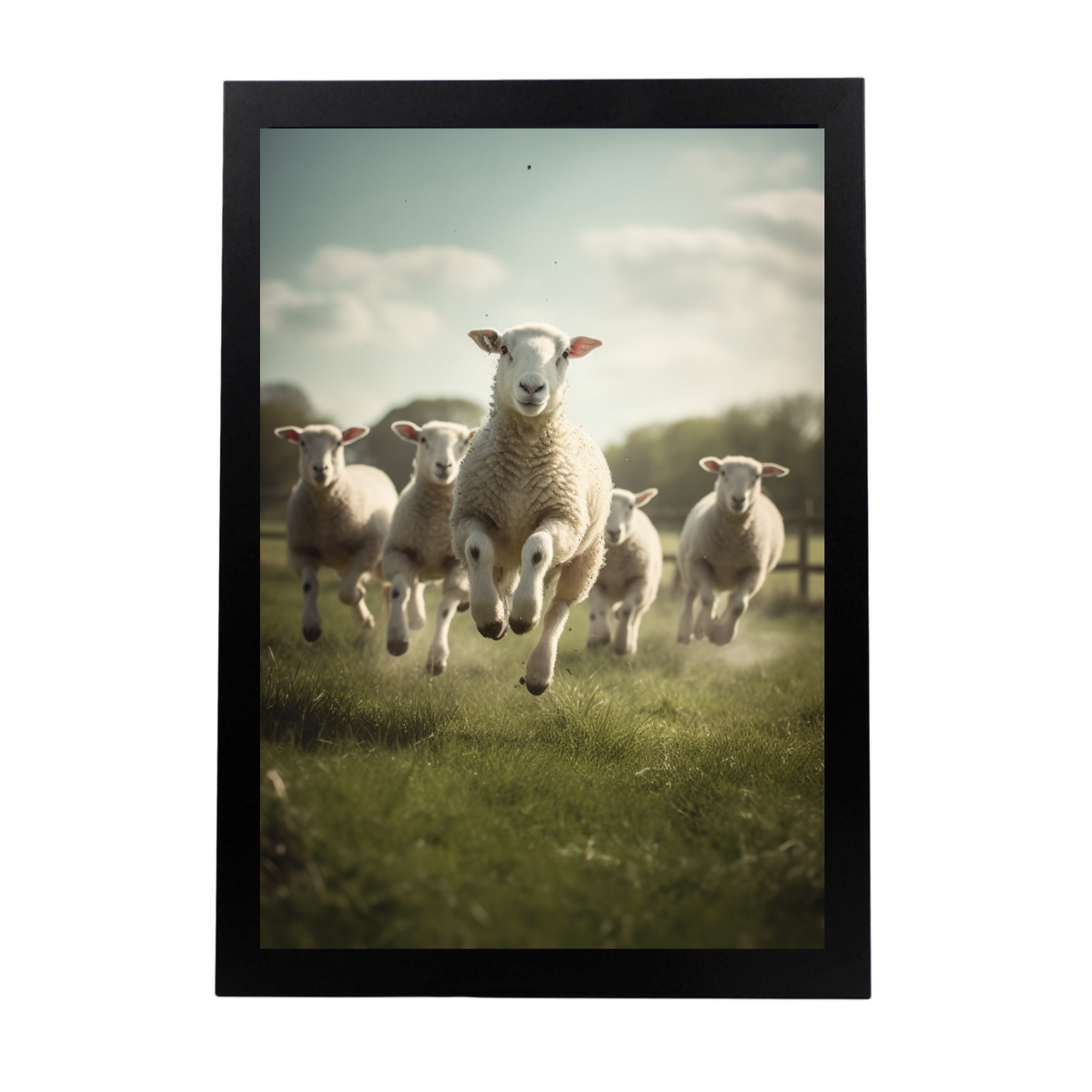 Póster de Ovejas en el Campo con Corderos Saltando