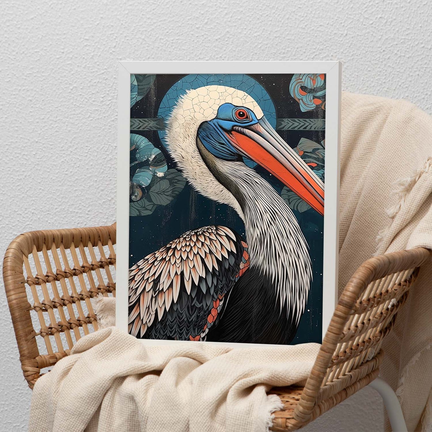 Póster de Pelícano Abstracto en Azul y Blanco