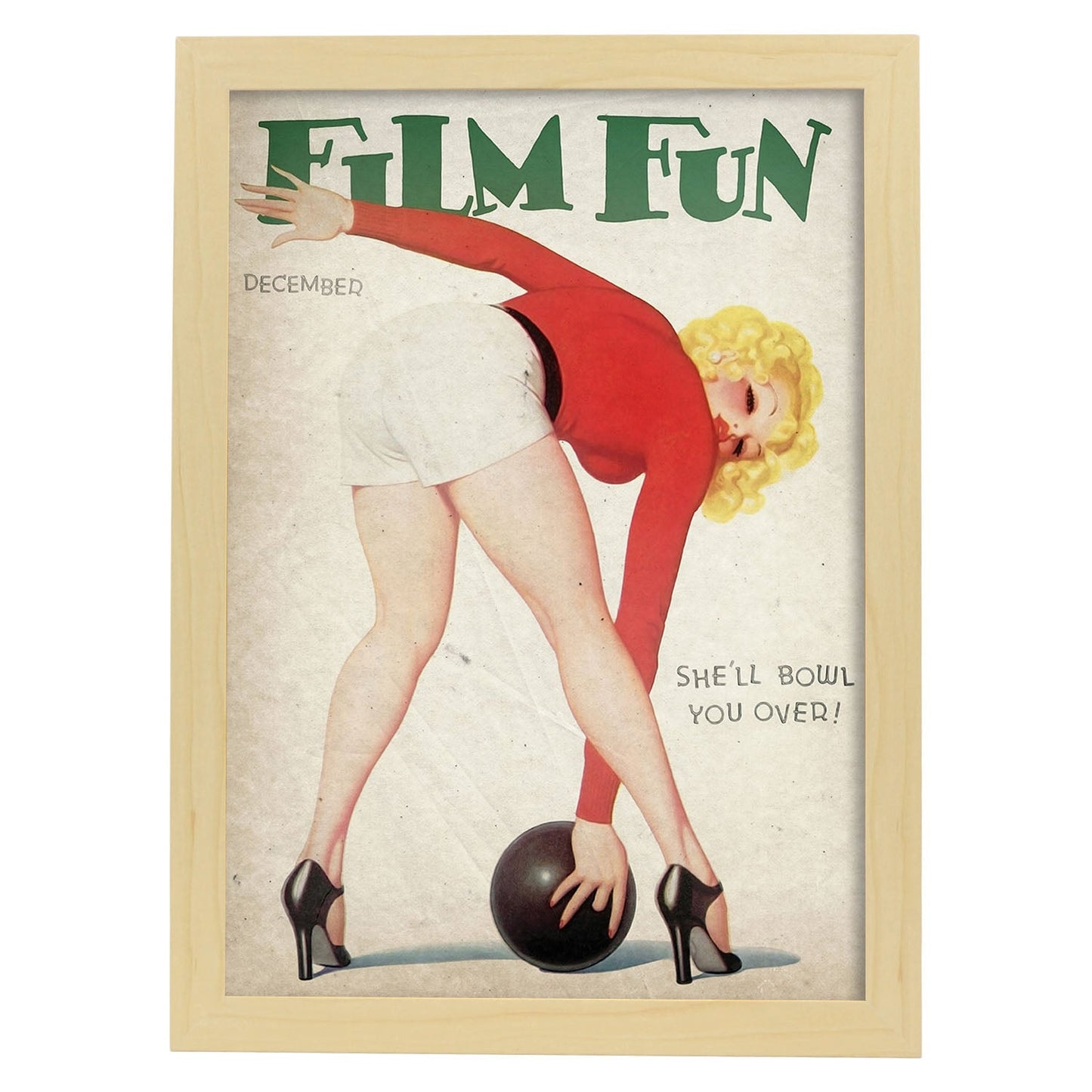 Poster vintage de Jugando a los bolos. con imágenes vintage y de publicidad antigua.-Artwork-Nacnic-A3-Marco Madera clara-Nacnic Estudio SL
