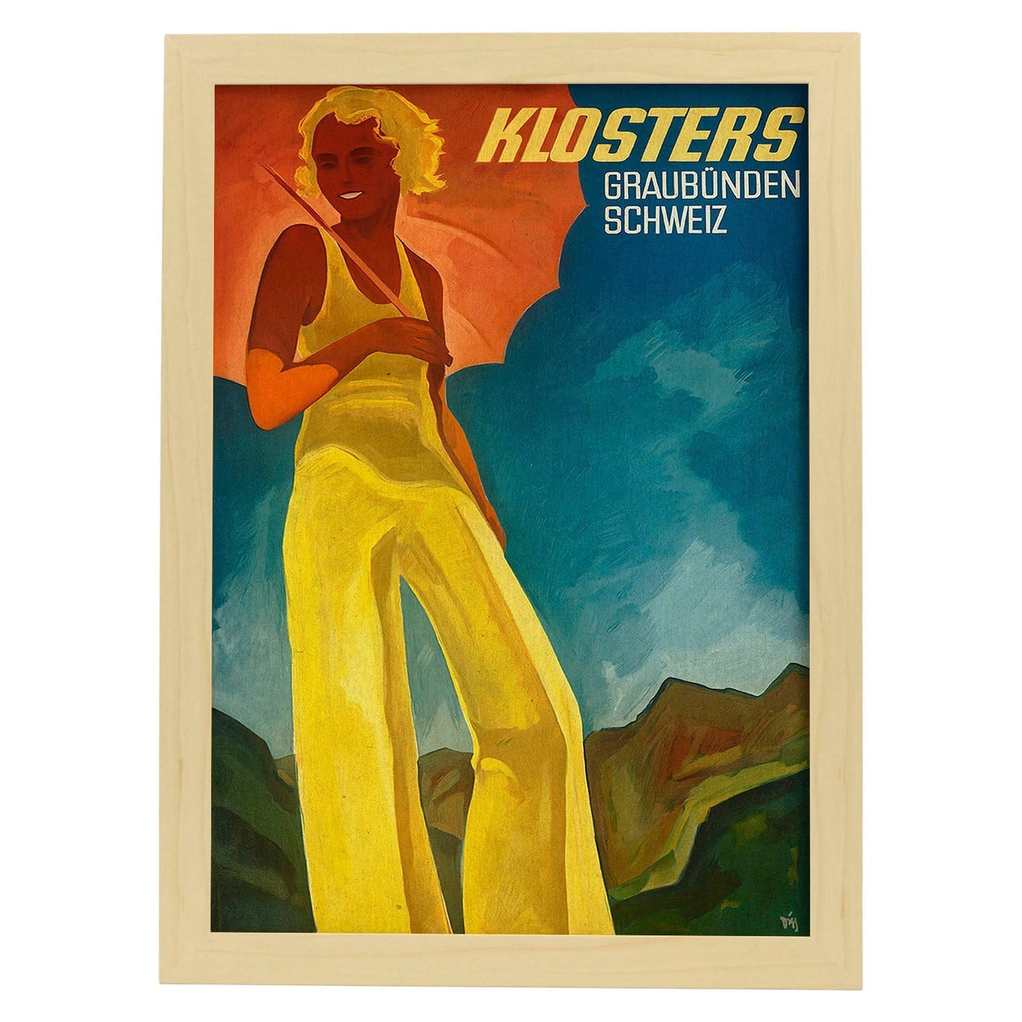 Poster vintage. Cartel anuncio de viajes con Klosters Swiss Travel de Switzerland.-Artwork-Nacnic-A4-Marco Madera clara-Nacnic Estudio SL