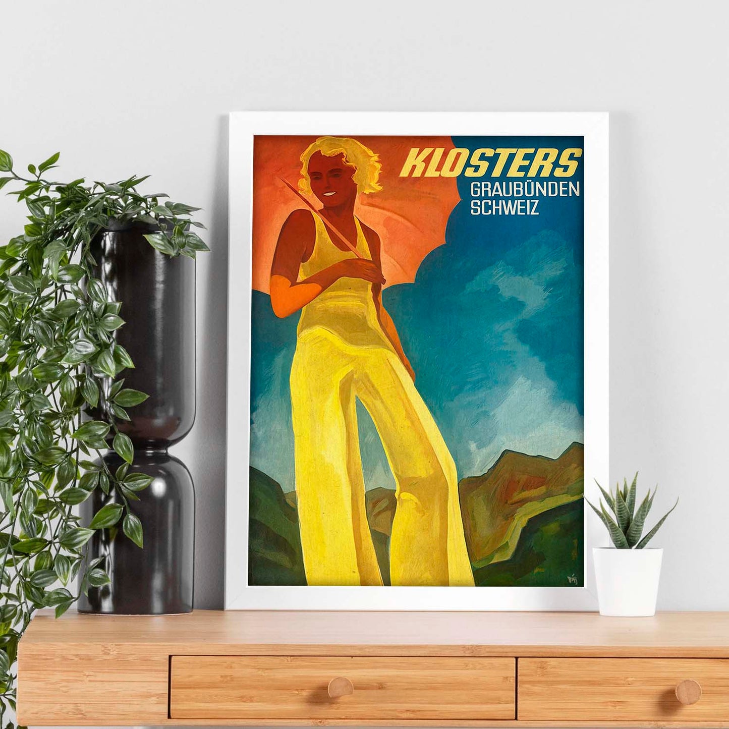 Poster vintage. Cartel anuncio de viajes con Klosters Swiss Travel de Switzerland.-Artwork-Nacnic-Nacnic Estudio SL