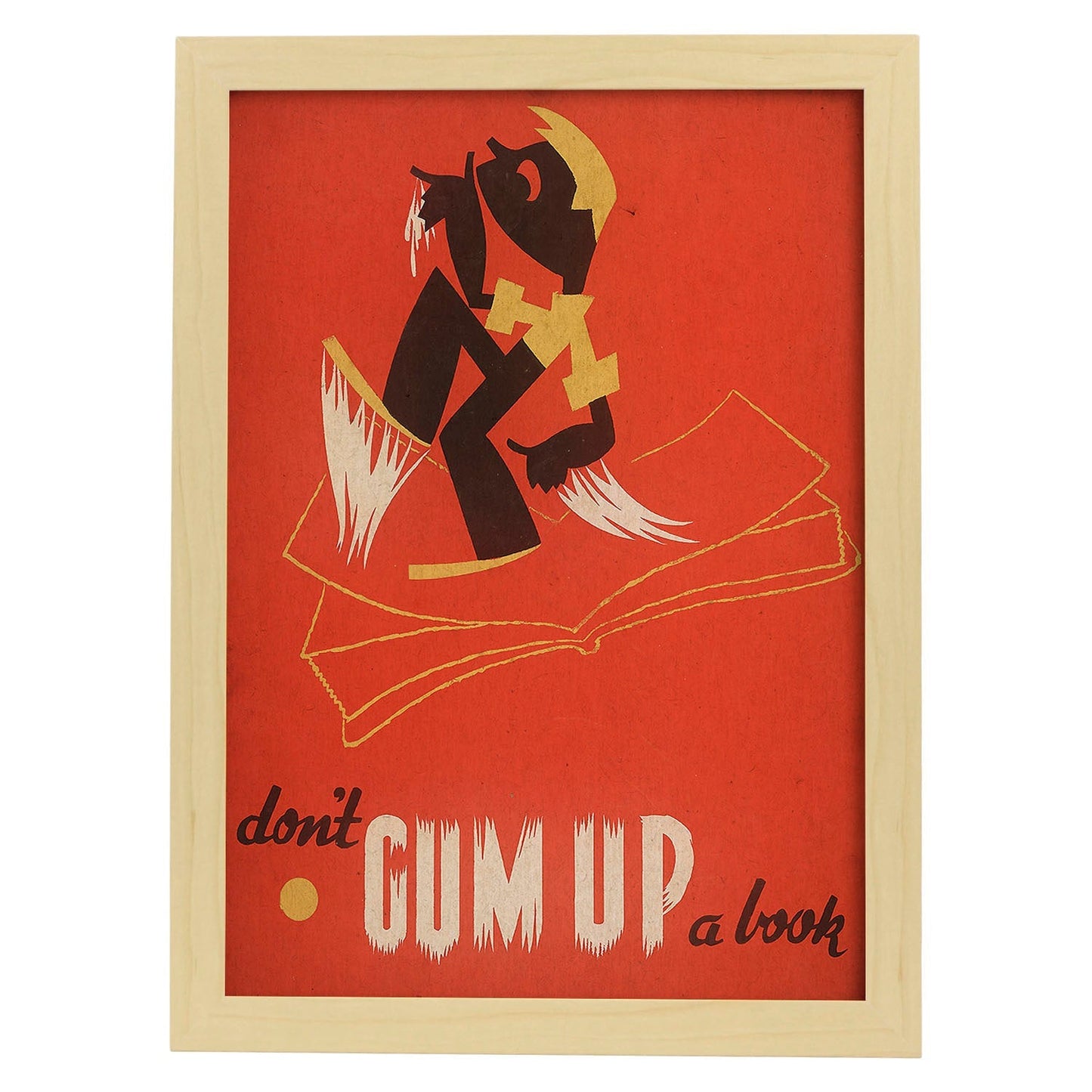 Poster vintage. Cartel de biblioteca "cuida los libros" No pegues chiles.-Artwork-Nacnic-A4-Marco Madera clara-Nacnic Estudio SL