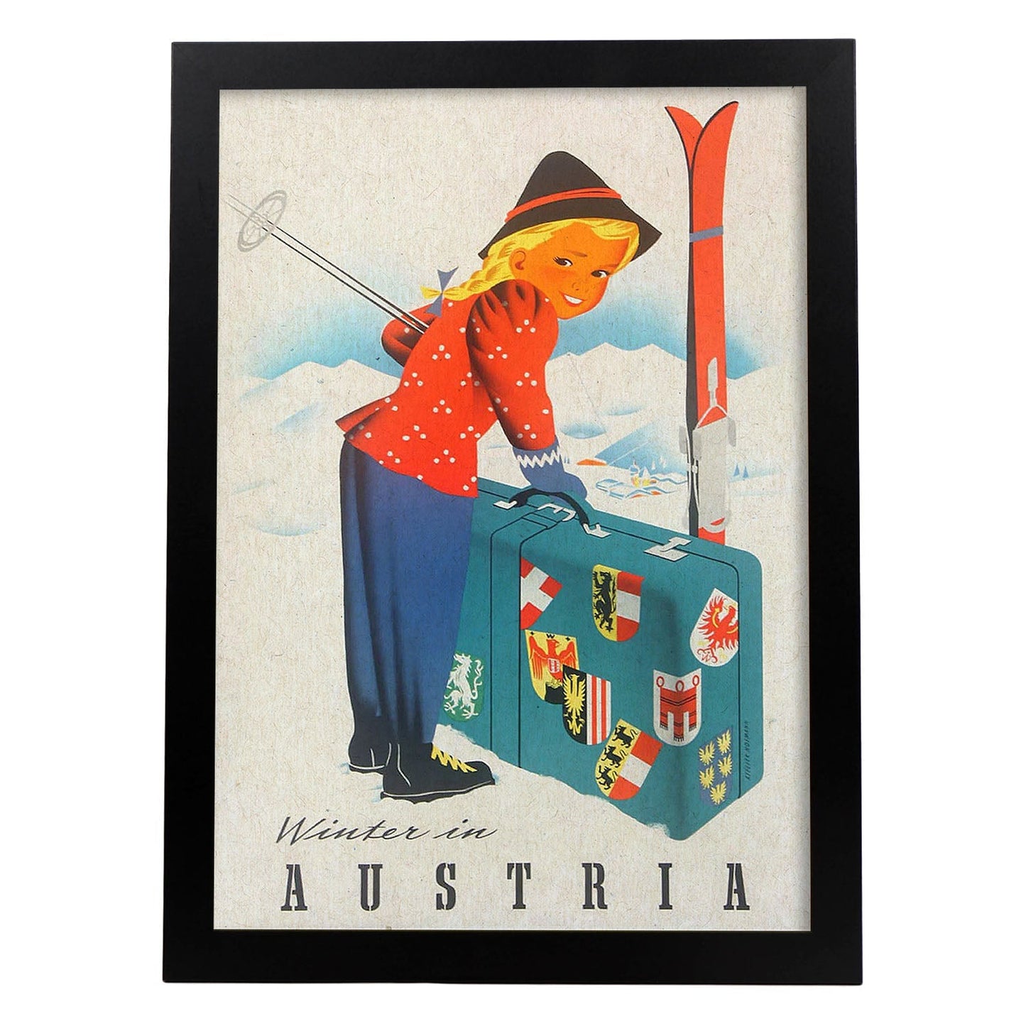 Poster vintage. Cartel vintage de montañas europeas. Niña en Austria.-Artwork-Nacnic-A4-Marco Negro-Nacnic Estudio SL