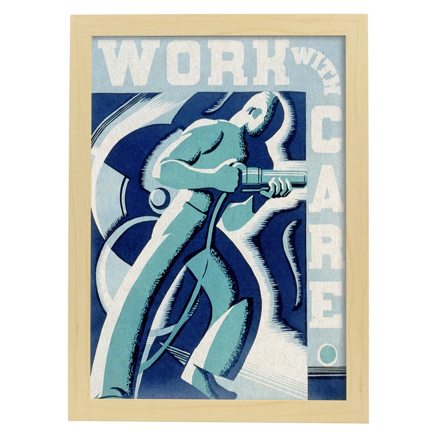 Poster vintage. Cartel vintage " trabaja con cuidado" Riesgos laborales.-Artwork-Nacnic-A3-Marco Madera clara-Nacnic Estudio SL