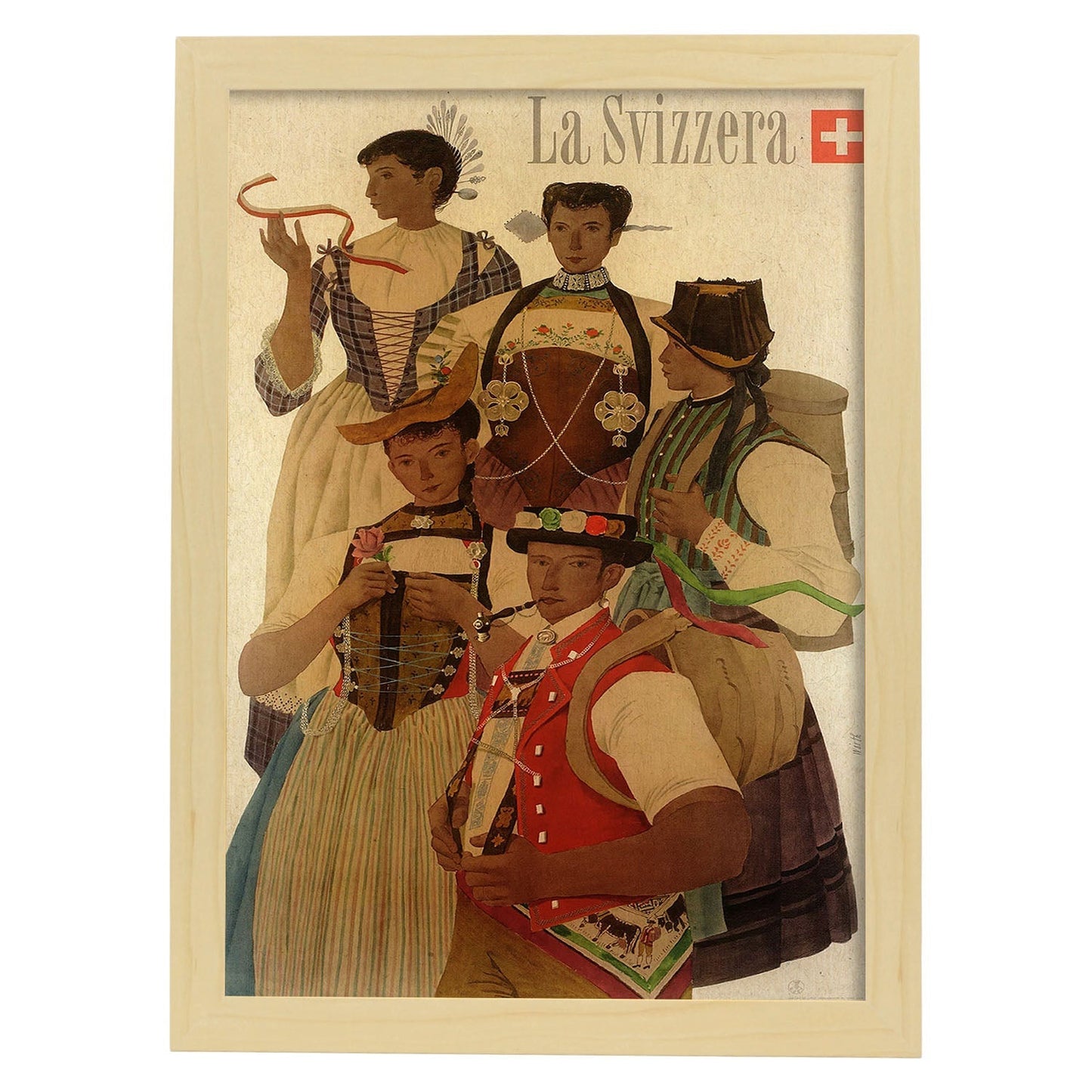 Poster vintage. Cartel vintage trajes populares y regionales Suizos. Kurt Wirth 1951..-Artwork-Nacnic-A3-Marco Madera clara-Nacnic Estudio SL