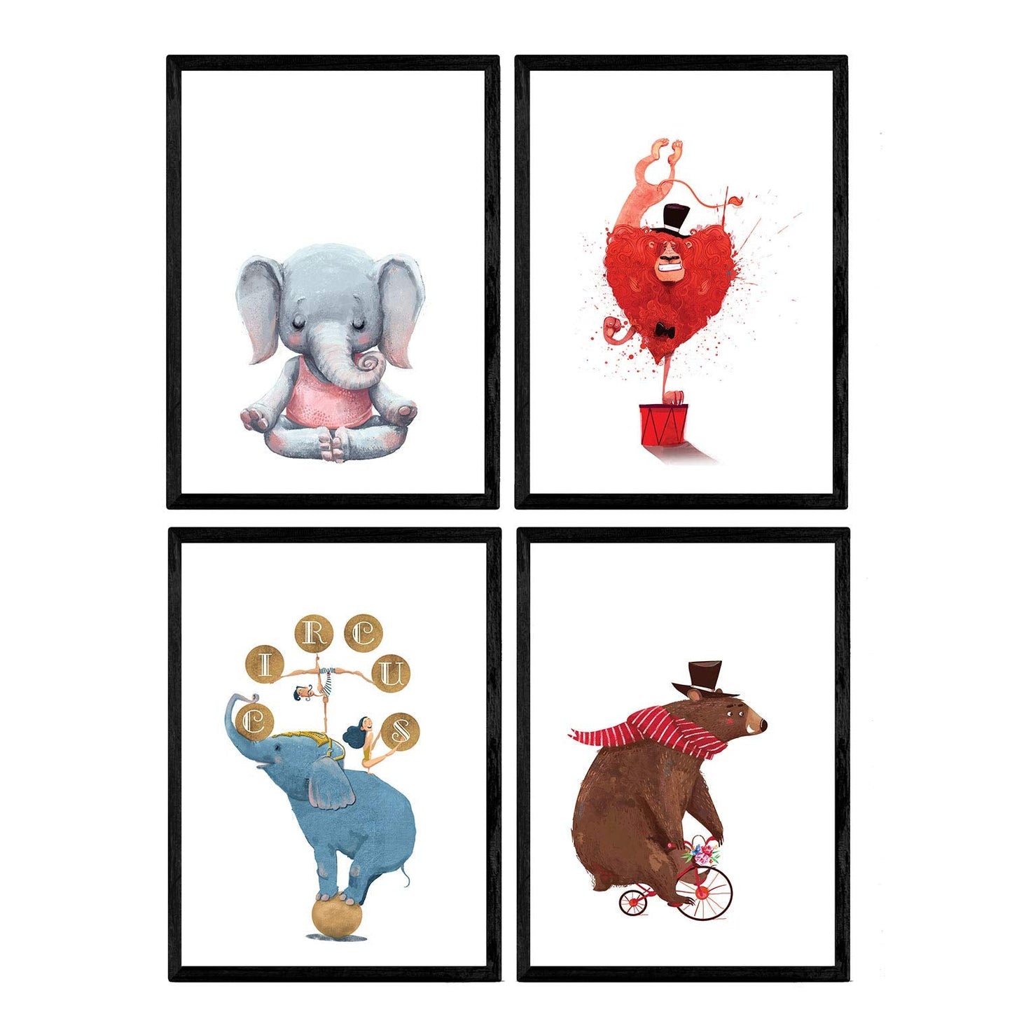 Posters con ilustraciones del circo. Leon Acobata Elefante meditando Oso en bici y elefante mago acrobata.-Artwork-Nacnic-Nacnic Estudio SL