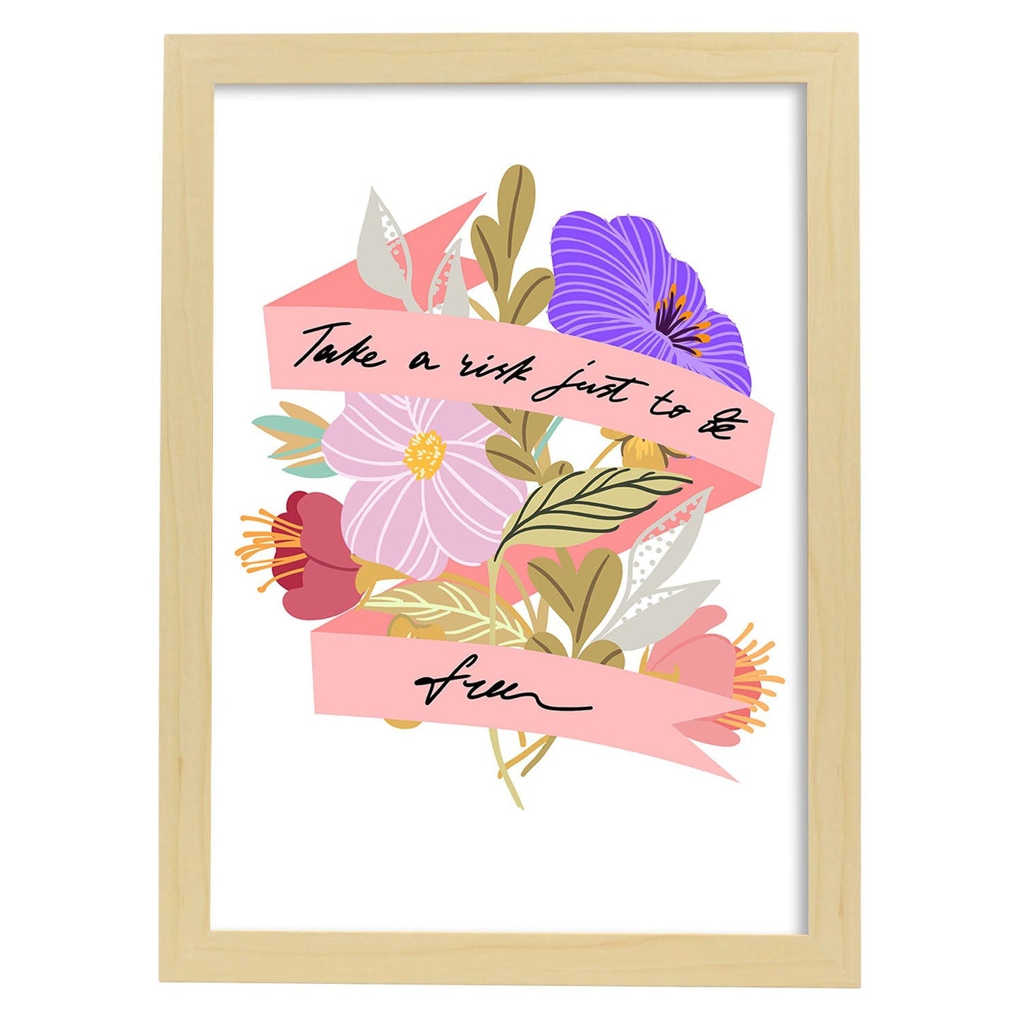 Posters con mensajes felices ilustrados. Lámina de decoración 'Be Free' con frases motivadoras y llenas de energia.-Artwork-Nacnic-A3-Marco Madera clara-Nacnic Estudio SL