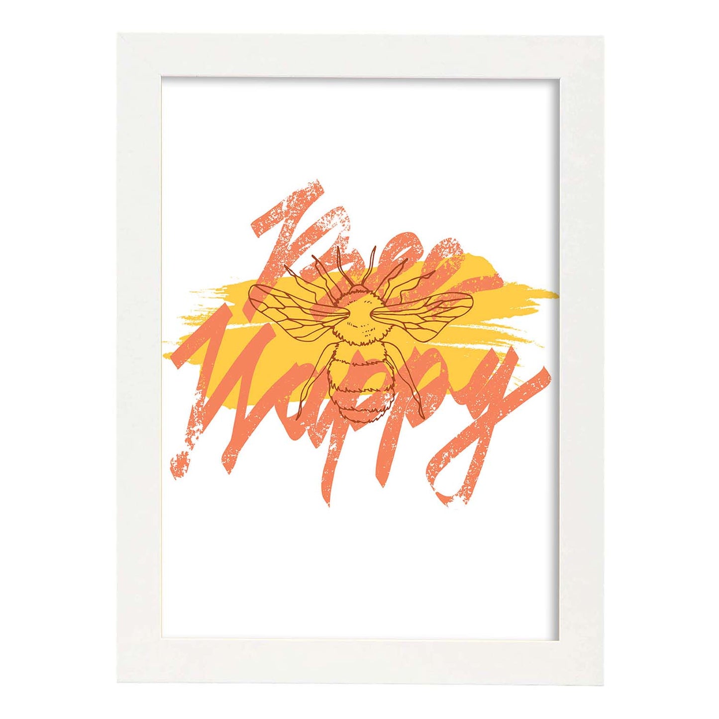 Posters con mensajes felices ilustrados. Lámina de decoración 'Bee Happy' con frases motivadoras y llenas de energia.-Artwork-Nacnic-A4-Marco Blanco-Nacnic Estudio SL