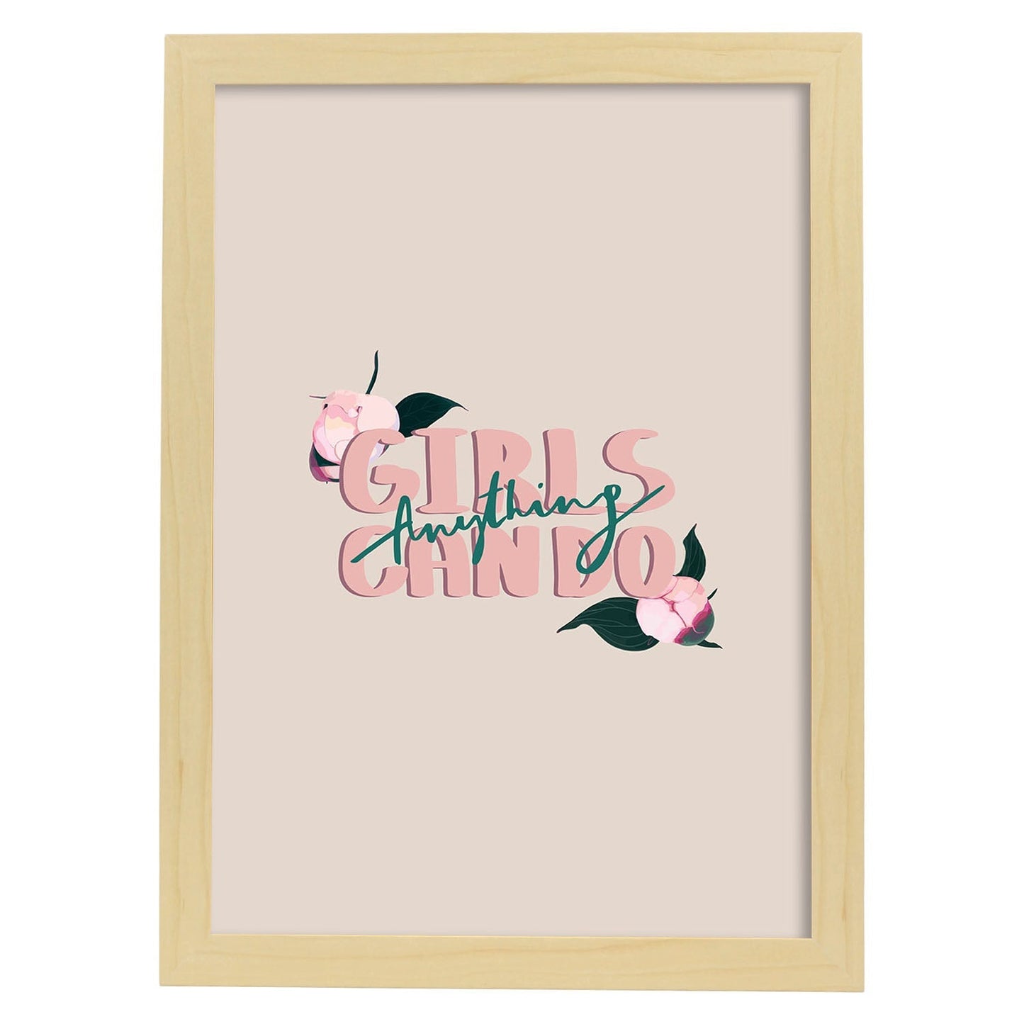 Posters con mensajes felices ilustrados. Lámina de decoración 'Girls Can Do Anything' con frases motivadoras y llenas de energia.-Artwork-Nacnic-A4-Marco Madera clara-Nacnic Estudio SL