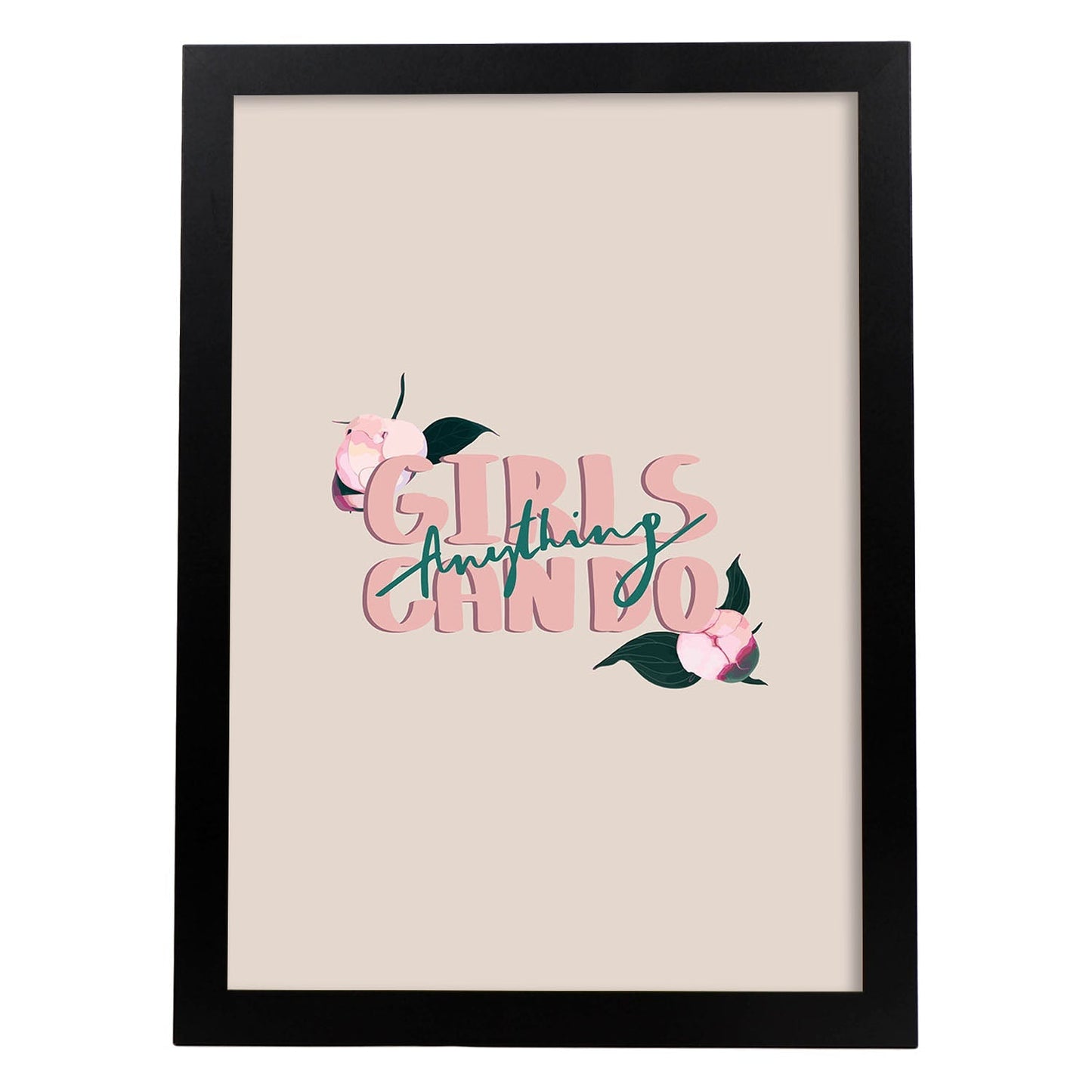 Posters con mensajes felices ilustrados. Lámina de decoración 'Girls Can Do Anything' con frases motivadoras y llenas de energia.-Artwork-Nacnic-A4-Marco Negro-Nacnic Estudio SL