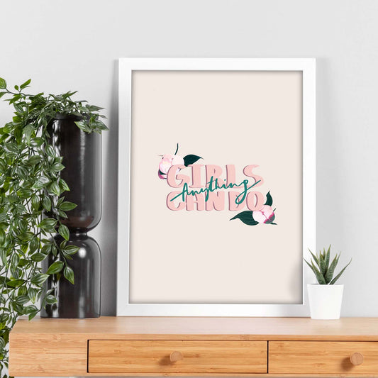 Posters con mensajes felices ilustrados. Lámina de decoración 'Girls Can Do Anything' con frases motivadoras y llenas de energia.-Artwork-Nacnic-Nacnic Estudio SL