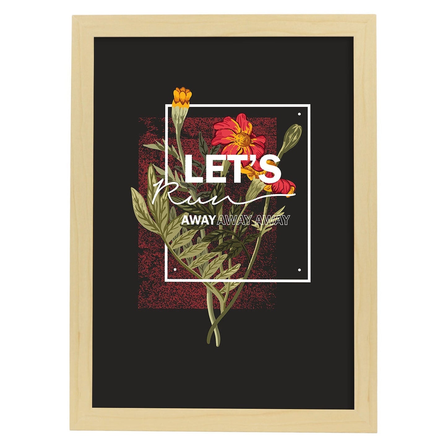 Posters con mensajes felices ilustrados. Lámina de decoración 'Lets Run Away' con frases motivadoras y llenas de energia.-Artwork-Nacnic-A3-Marco Madera clara-Nacnic Estudio SL