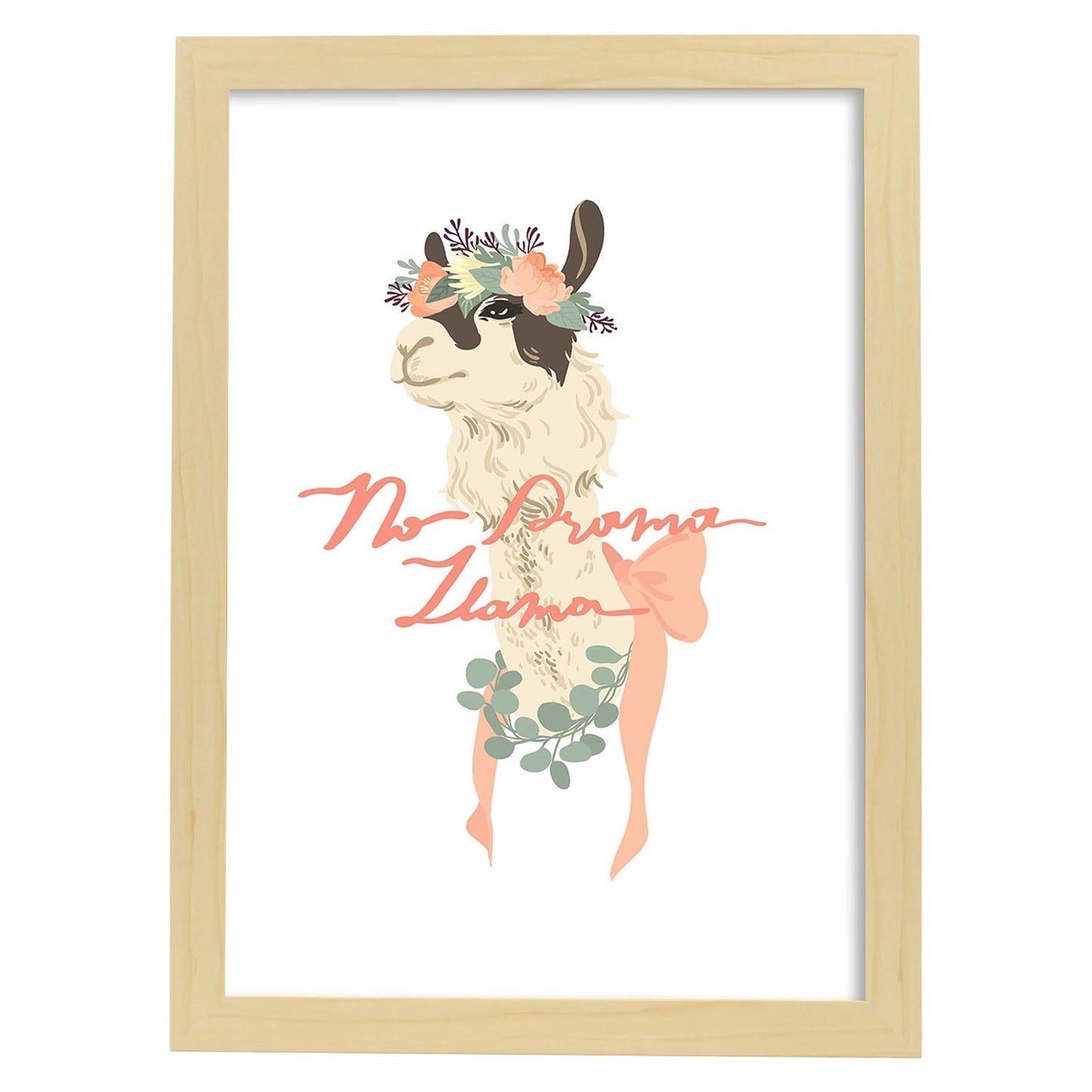 Posters con mensajes felices ilustrados. Lámina de decoración 'No Drama Llama' con frases motivadoras y llenas de energia.-Artwork-Nacnic-A3-Marco Madera clara-Nacnic Estudio SL
